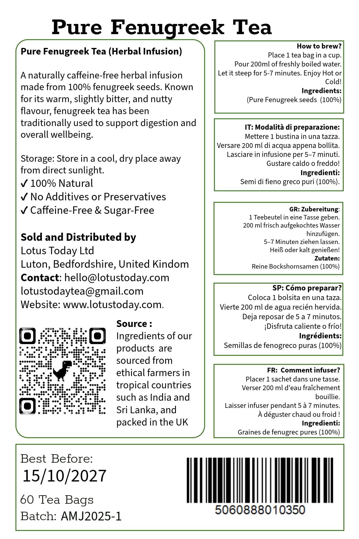 lotustoday Fenugreek Tea, Pure Fenugreek seeds, Herbal Spice Tea Infusion, 60 Tea bags