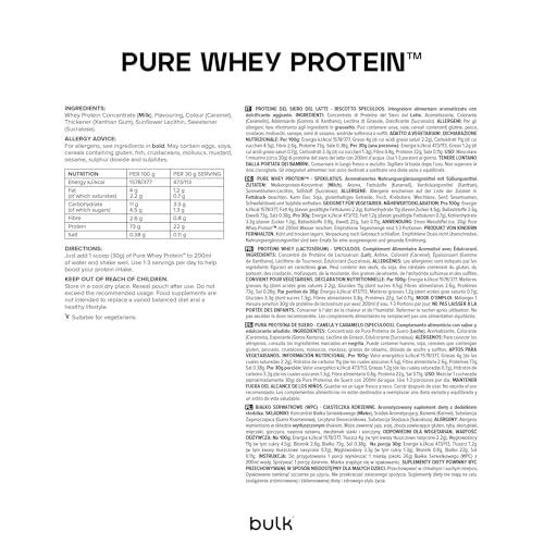Bulk Bulk Pure Whey Protein Powder | Speculoos | 22g Protein and 5g BCAAs per Scoop | Whey Concentrate Shake | Low Sugar | Supports Muscle Growth and Repair | Smooth Mixing | Vegetarian | 1kg