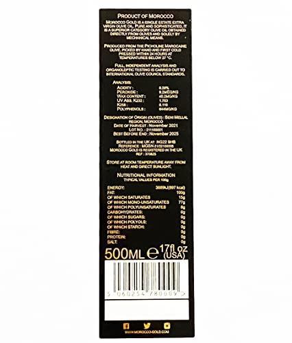 Morocco Gold Morocco Gold Single Estate Extra Virgin Olive Oil, Unfiltered, Unblended, High in Polyphenols, Early Harvest Luxury Moroccan Pure & Natural Olive Oil, 6 x 500ml (6 Bottles For The Price Of 5)
