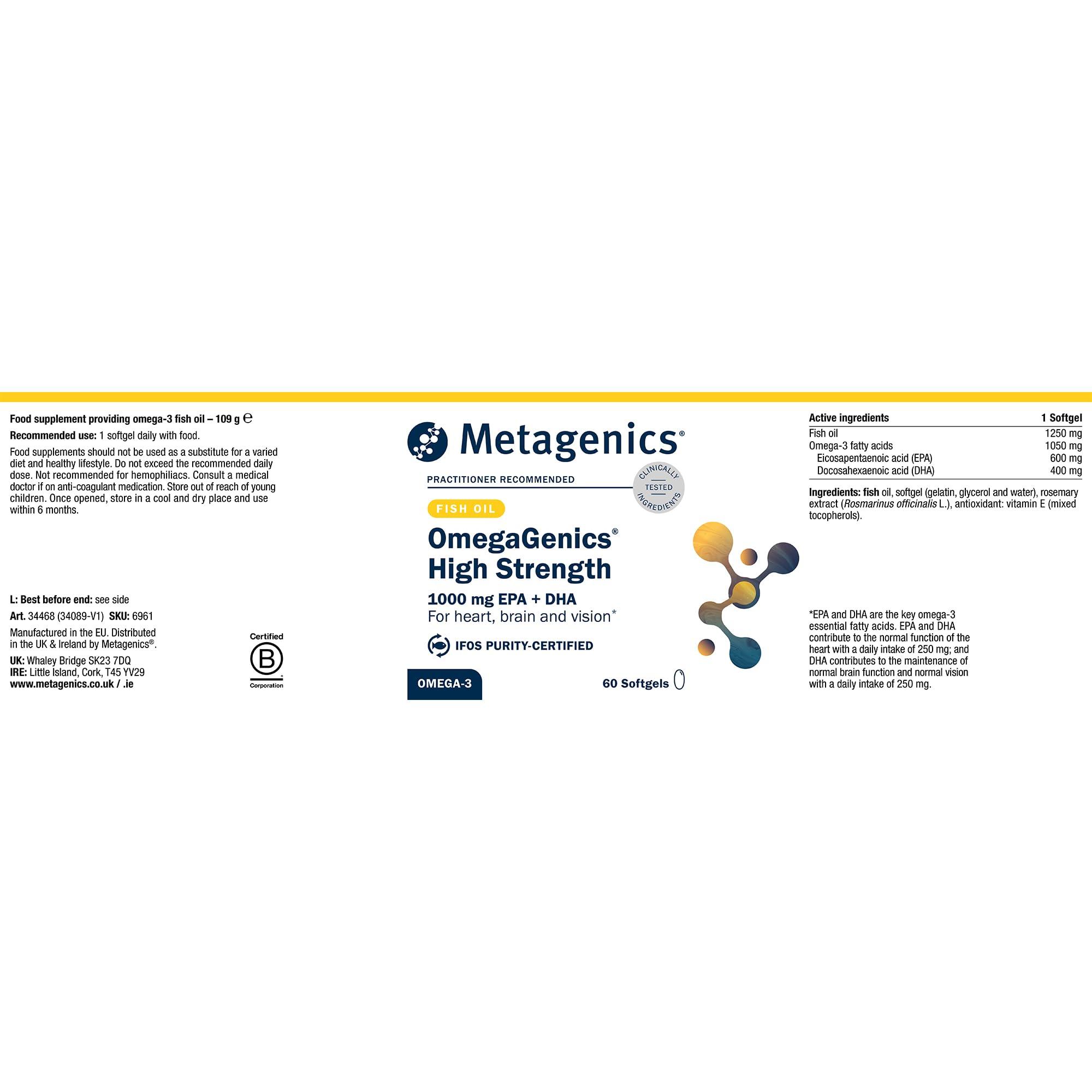 Metagenics Metagenics Omegagenics - High Strength Omega-3 Pure Fish Oil Supplement - 1000mg EPA & DHA - 60 Capsules