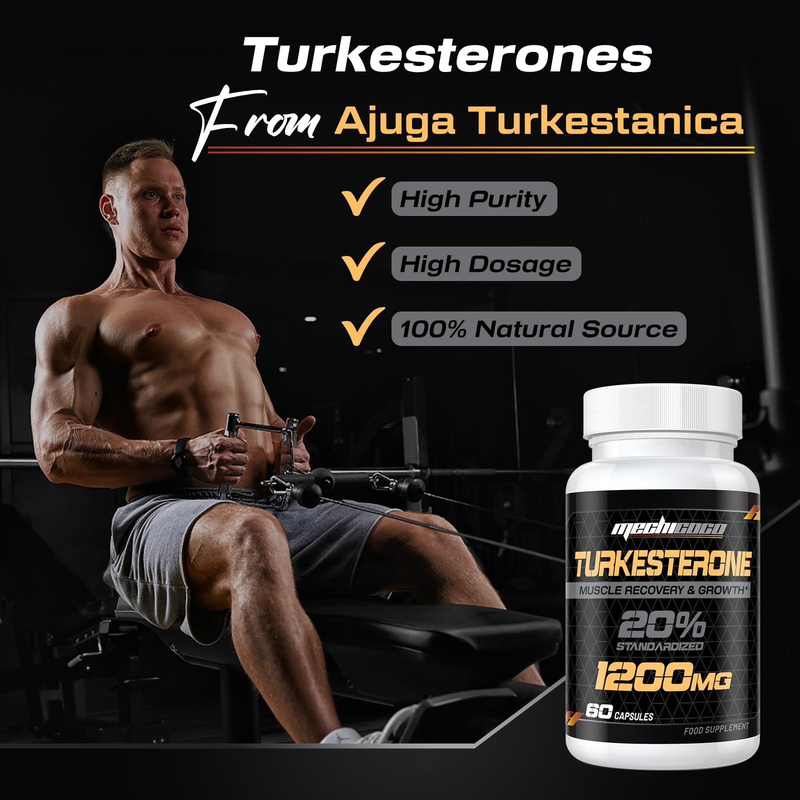 Mechicoco Turkesterone Supplement 1200mg Ajuga Turkestanica Extract (4 Packages)- High Strength, Standardized to 20% Turkesterone, Muscle Growth & Strength - Vegan, Free from Soy, Additives