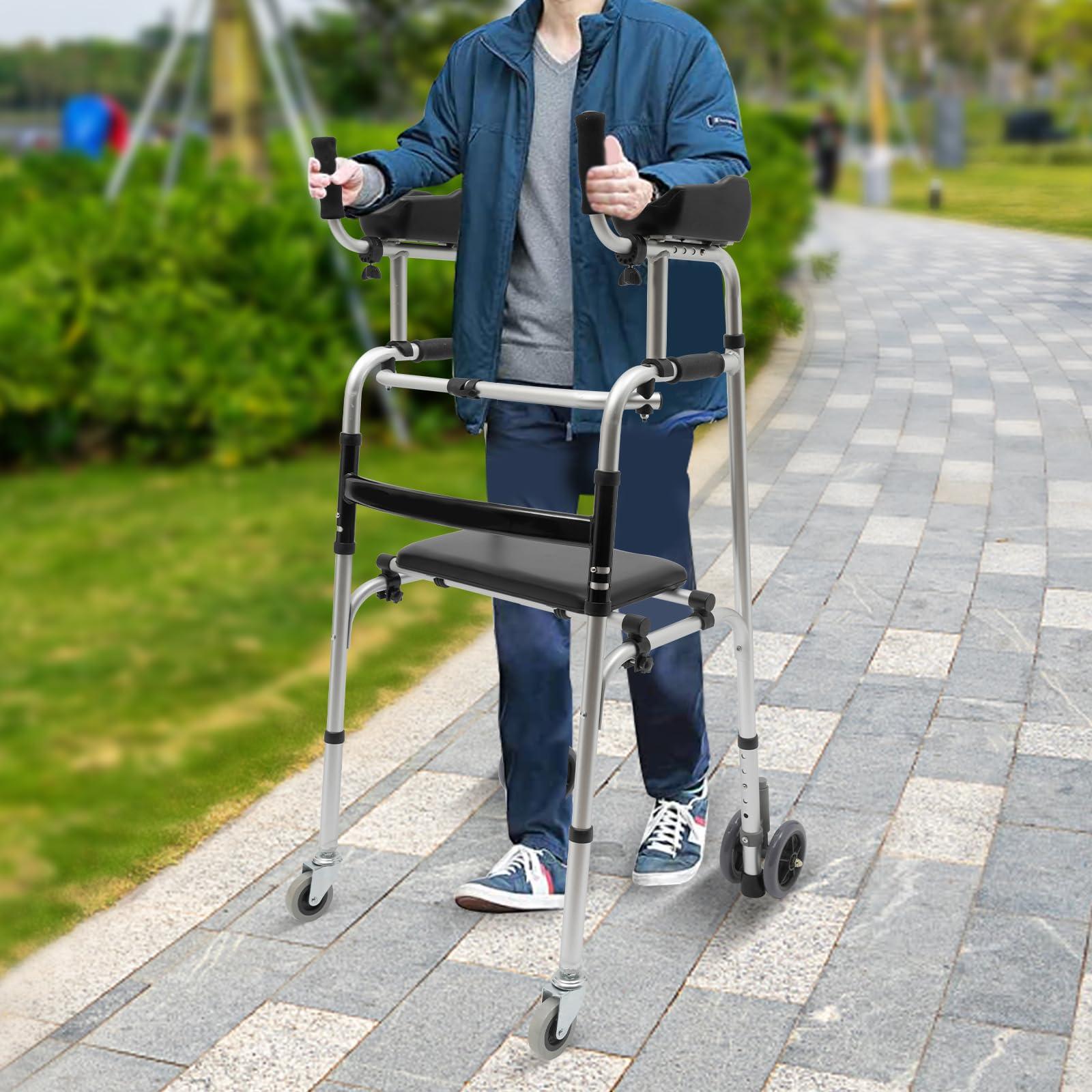 PINYELIN Seniors Stand Upright Rolling Walkers, Aluminium Stand Upright Walker Aid Elderly Disabled Walking Standing, Walkers Walking Frames Folding Rolling Upright Walkers