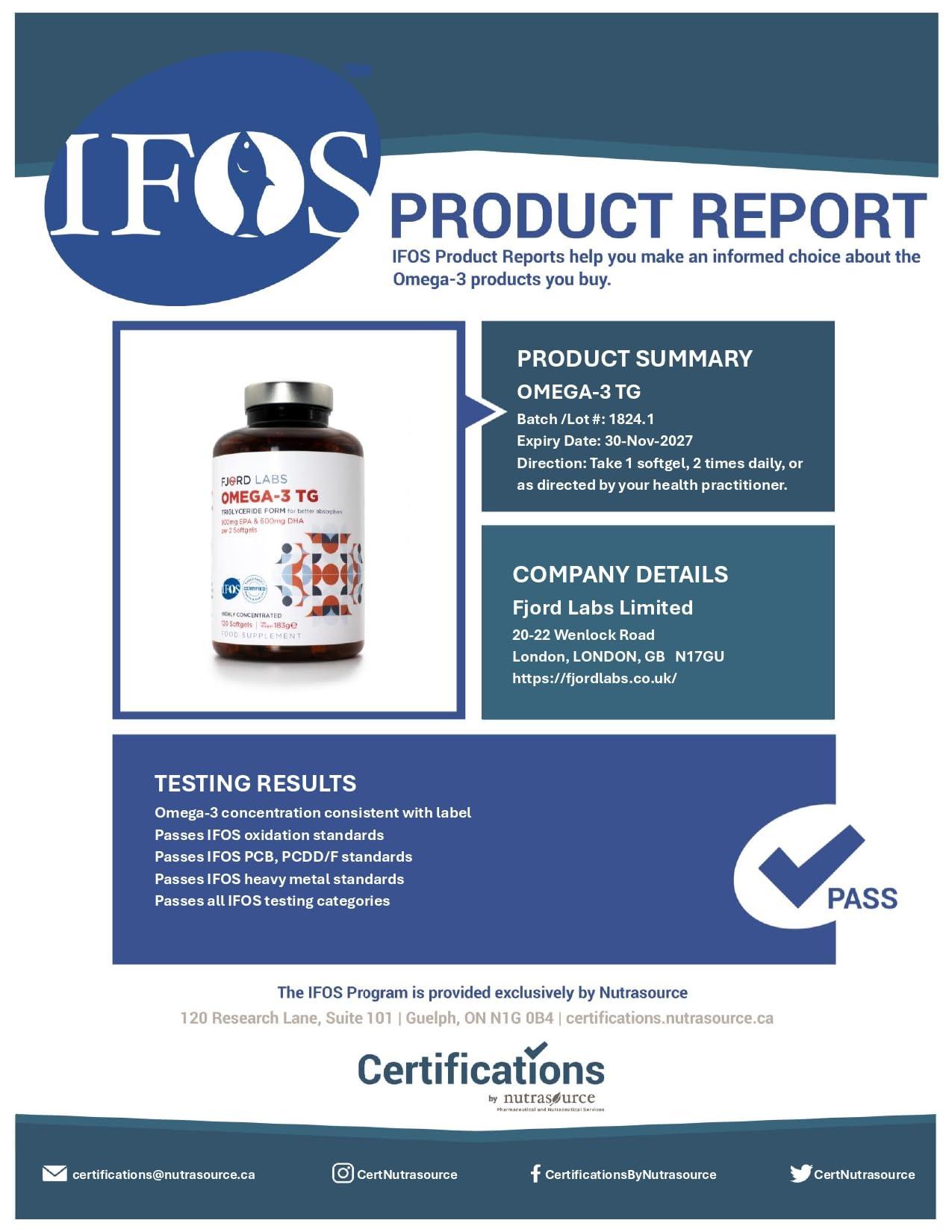 Fjord Labs Omega -3 TG | Triglyceride Form | IFOS Certified | 900mg EPA & 600mg DHA per 2 softgels | 120 softgels