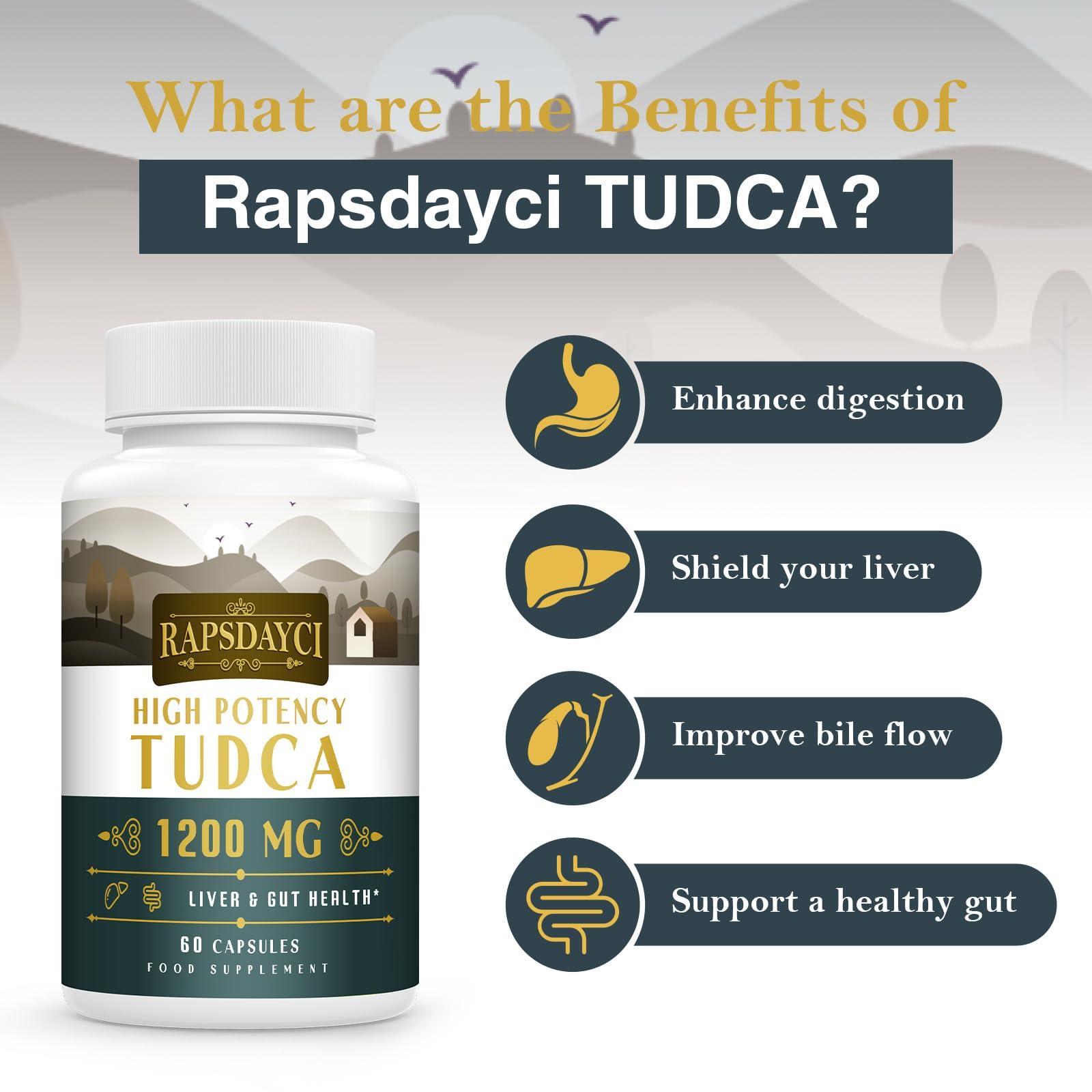 Rapsdayci Ultra Strength TUDCA (1200mg Per Serving), 60 Capsules - Tauroursodeoxycholic Acid, Liver Support Supplement, Enhances Proper Bile Production, Boosts Digestion and Immune System Support