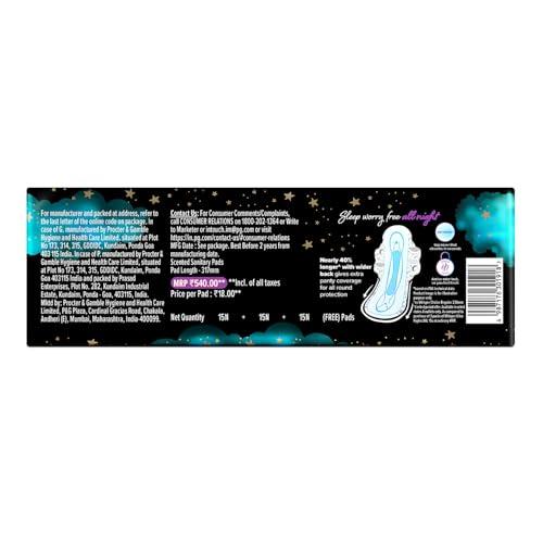 Whisper WHISPER BINDAZZZ NIGHTS SANITARY PADS, 45 XL+ PADS, UPTO 0% LEAKS ALL NIGHT LONG, FOR HEAVY FLOW, 40% LONGER & WIDER BACK, COMFORTABLE CUSHIONY SOFT WINGS, DISPOSABLE WRAPPER