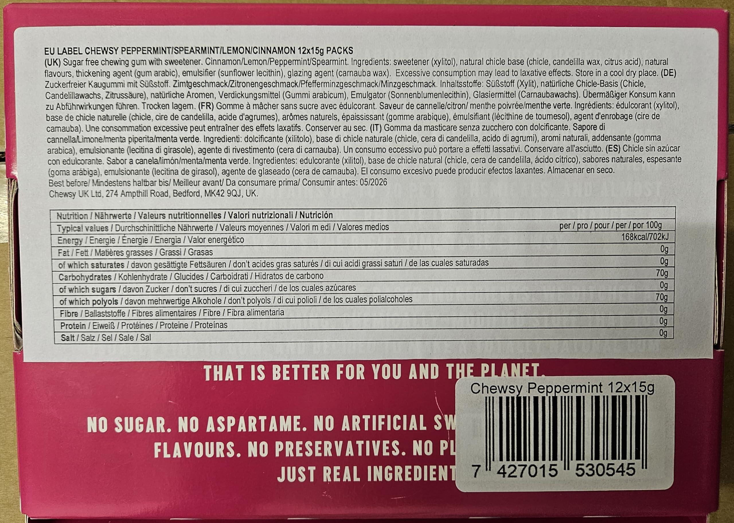 CHEWSY Chewsy Peppermint Plastic Free Gum | Plant Based | Sugar Free | Aspartame-Free | Xylitol | Tooth Friendly | Vegan | Biodegradable | Natural Chewing Gum 12 Packs