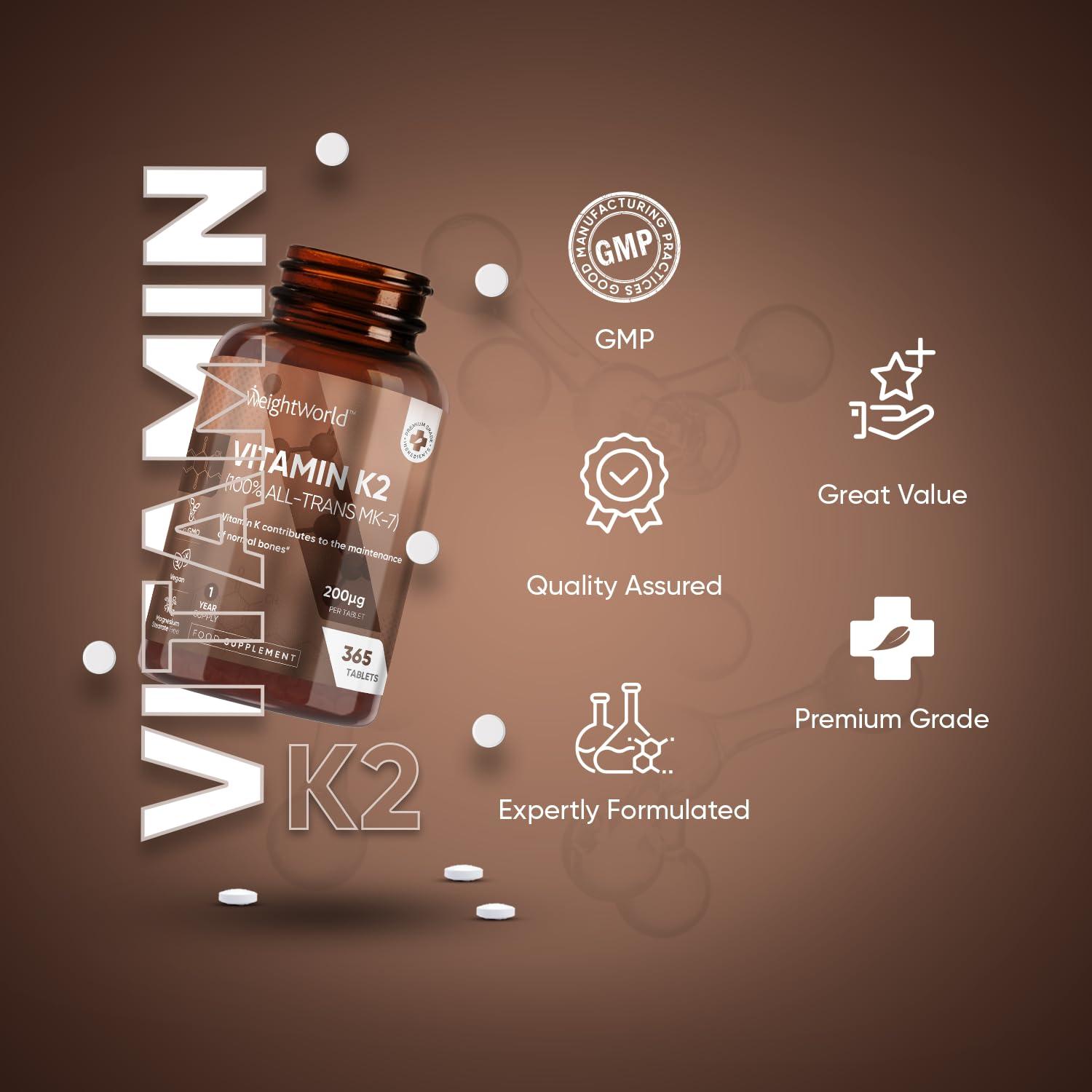 WeightWorld Vitamin K2 MK7 200mcg - 1 Year Supply - 365 Vegan K2 Vitamin Tablets (Not Vitamin K2 Capsules) - High Strength Menaquinone MK-7 - Gluten-Free K2 Vitamin Supplement for Bones