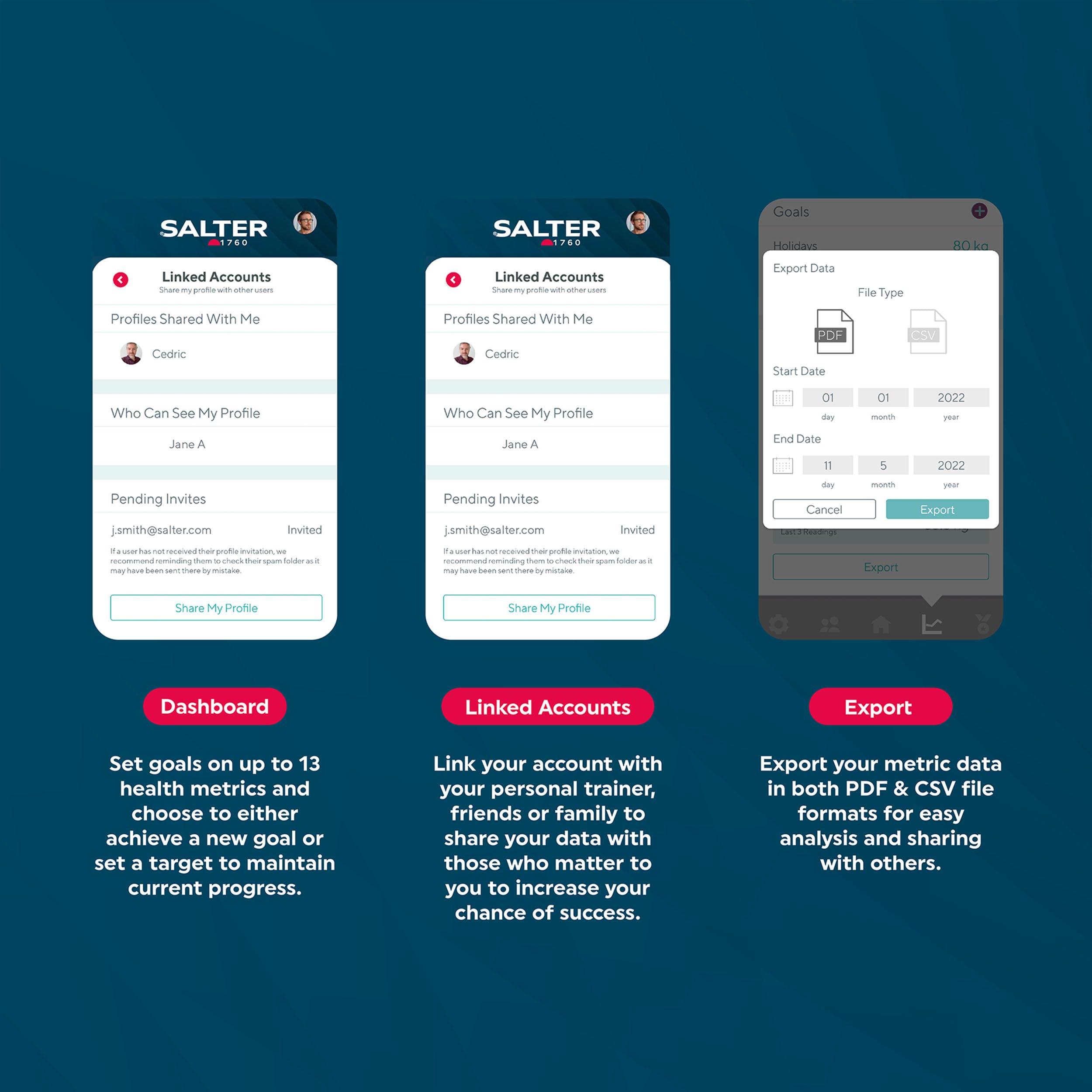 Salter Salter SA00432GFEU6 Bathroom Smart Scale Bluetooth Digital Scale, 200kg, Measure Weight, Body Fat/Water, Muscle/Bone Mass, BMI/BMR, 8 User Memory, Connect to Phone with Free Salter Health App, Grey