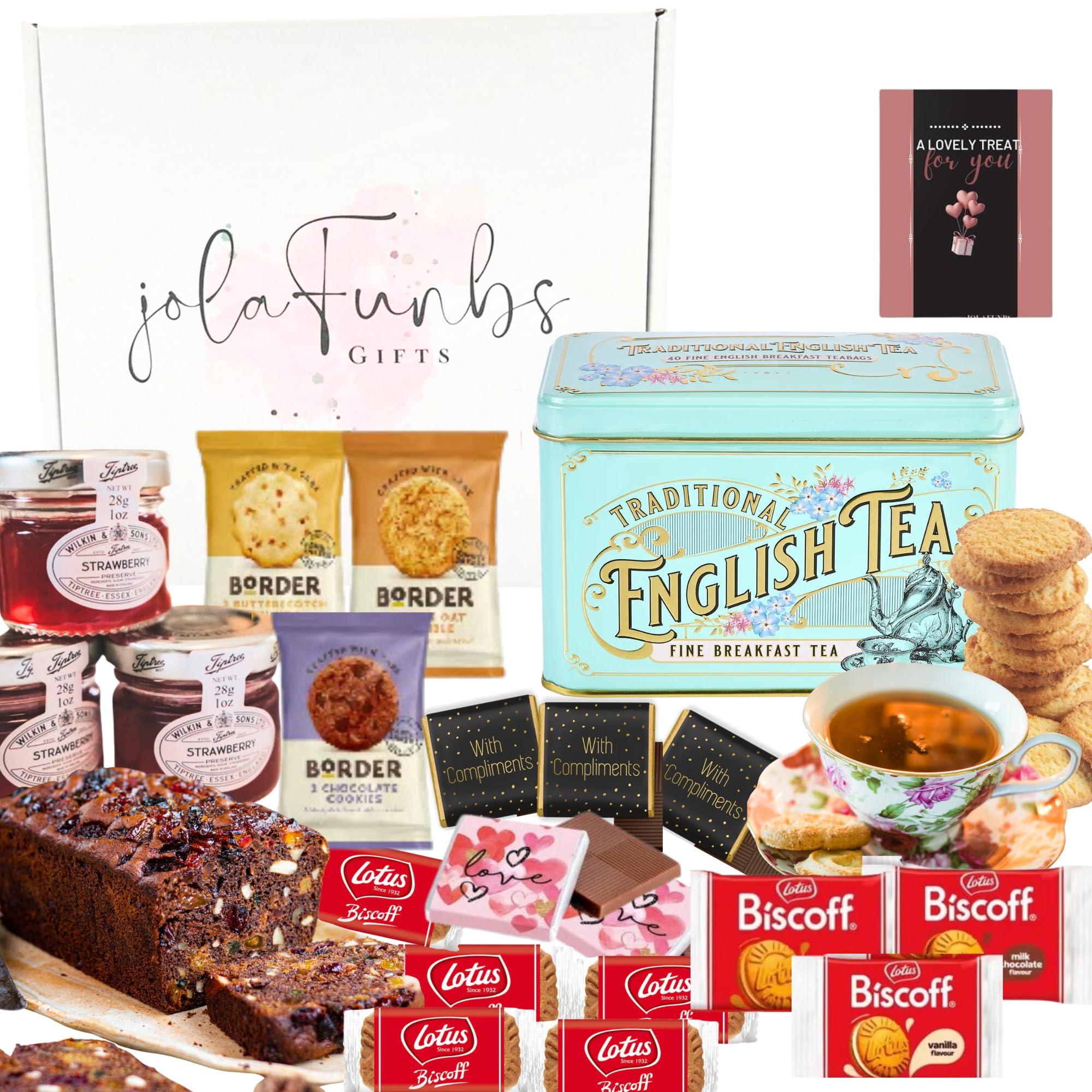 JOLAFUNBS The English Morning Tea Gift Set hamper, Morning English Tea Bags,Border Biscuits,Lotus Biscoff Biscuit, Fruit Cake,Mini Jam, Christmas Chocolate&Cards Valentine, Birthday Hampers for Women Food Gifts