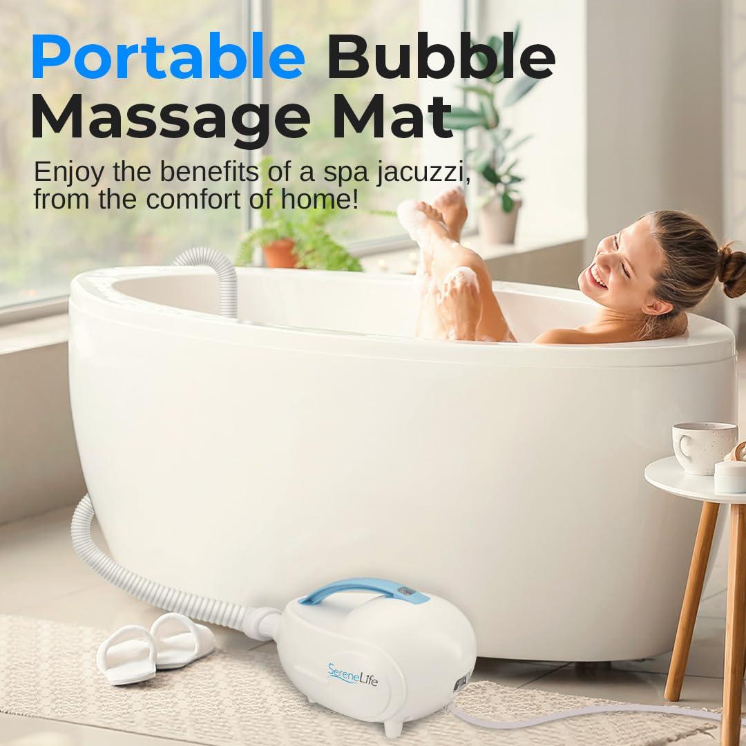SereneLife Portable Spa Bubble Bath Massager - Thermal Spa Waterproof Non-Slip Mat with Suction Cup Bottom, Motorized Air Pump & Adjustable Bubble Settings - Remote Control Included - Serenelife AZPHSPAMT22