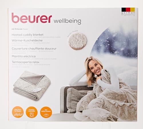 Beurer Beurer HD 75 Nordic Electric Blanket, Cuddly Heat Blanket in Fur Look, 6 Temperature Levels, Machine Washable, with Automatic Shut-Off, Beige/Brown, 180 x 130 cm