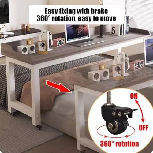 FreshCart Basics Rolling Overbed Table with Brake Wheels Adjustable Bedside Table for Working Eating and Gaming Portable Laptop Desk for Bedroom Black (Size: 140x40x80cm)