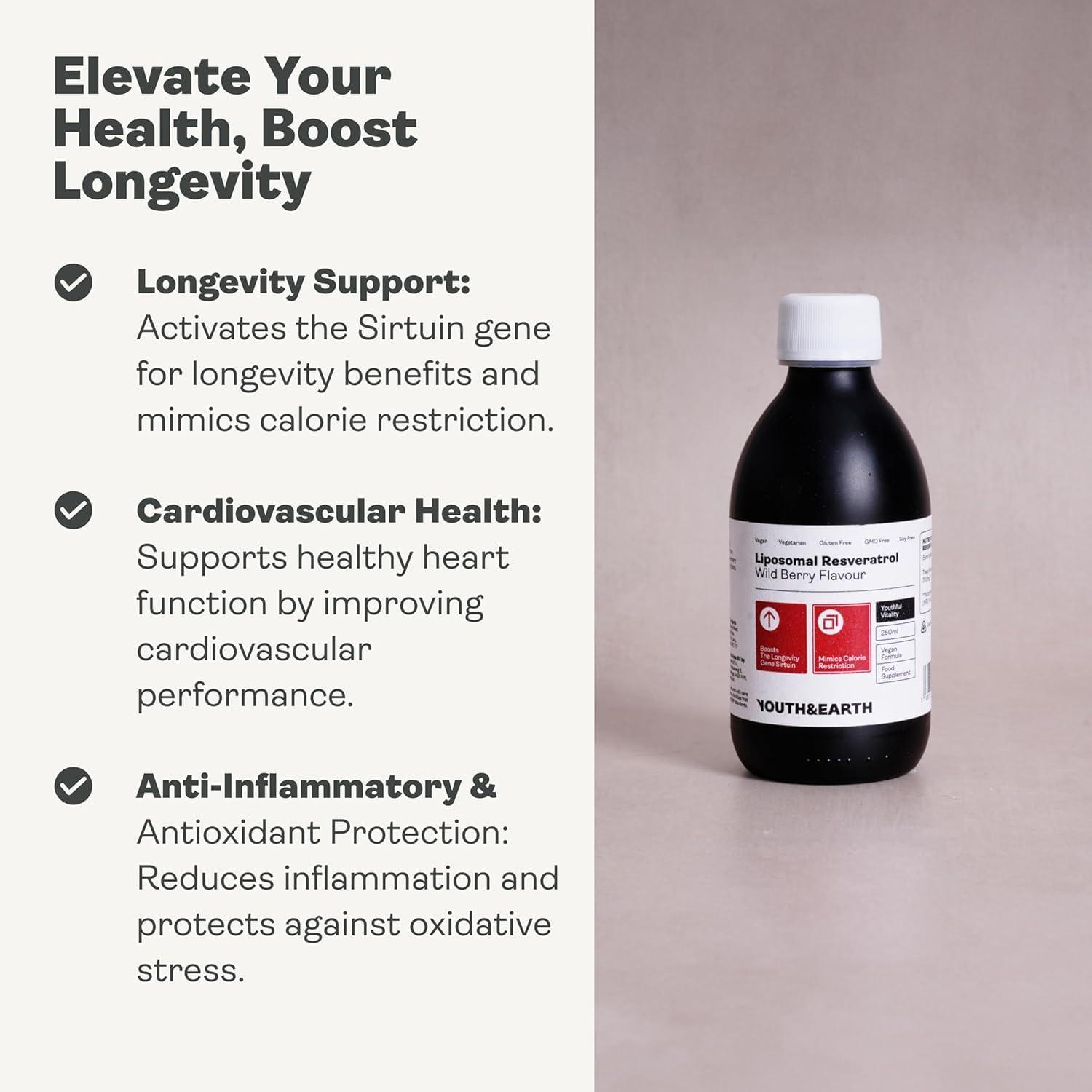 Youth & Earth Youth & Earth Liposomal Resveratrol 200mg - Liquid Resveratrol Supplements for Sirtuin Activation, Anti-Aging & Cellular Health with NAD+ Boosters, NMN or NR - Wild Berry Flavor (250ml)