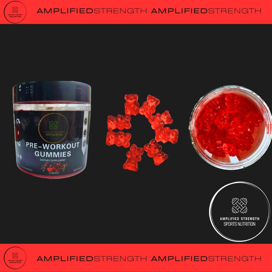 Amplified Strength Amplified Strength - Pre-Workout Gummies - 90 Gummies - Cherry Flavour - B12 - Amino - Guarana - Fitness - Workout - Gym
