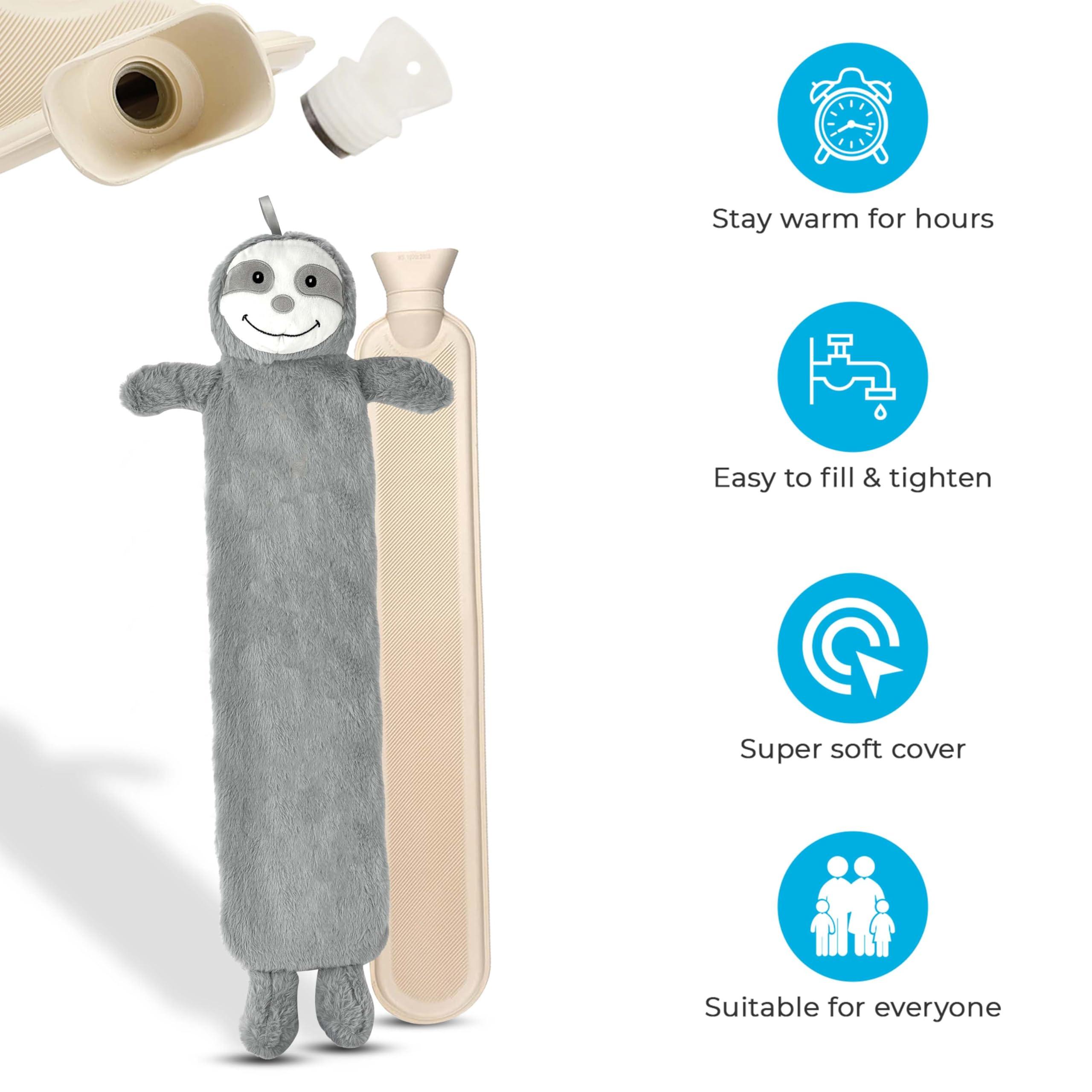 Crystals Crystals 1L or 2L Happy Sloth Hot Water Bottle - Natural Rubber for Longer Heat Hot Water Bag for Pain Relief on Aches or Injuries, Hand Feet Warmer, Neck and Shoulder Pain Relief (Extra Long 2L)