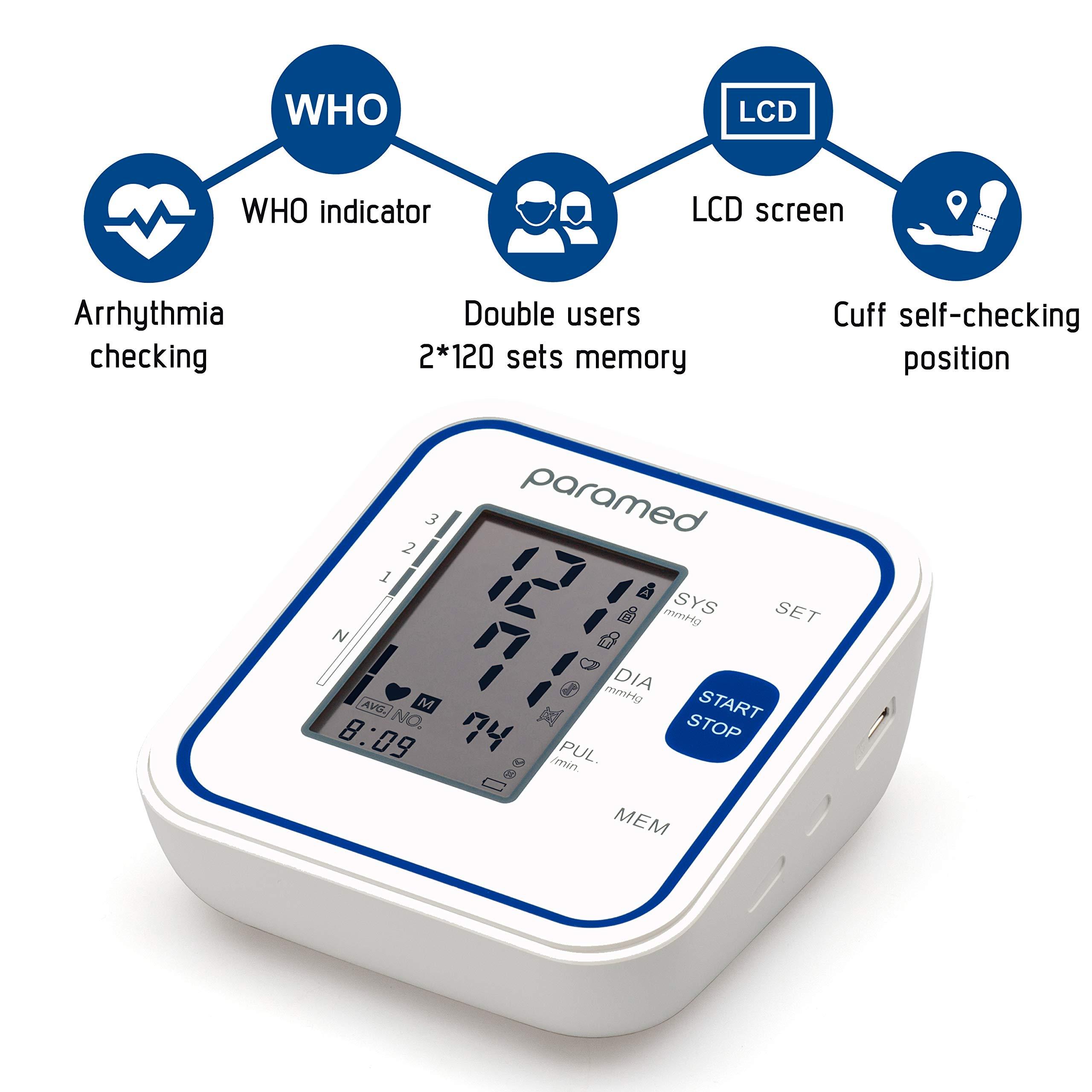 PARAMED PARAMED Blood Pressure Monitor: Automatic Upper Arm BP Monitor with Cuff 8.7"-15.7" - Digital BP Machine & Irregular Heartbeat Detection, 120 Readings Memory - Large LCD - Batteries & Pouch Included