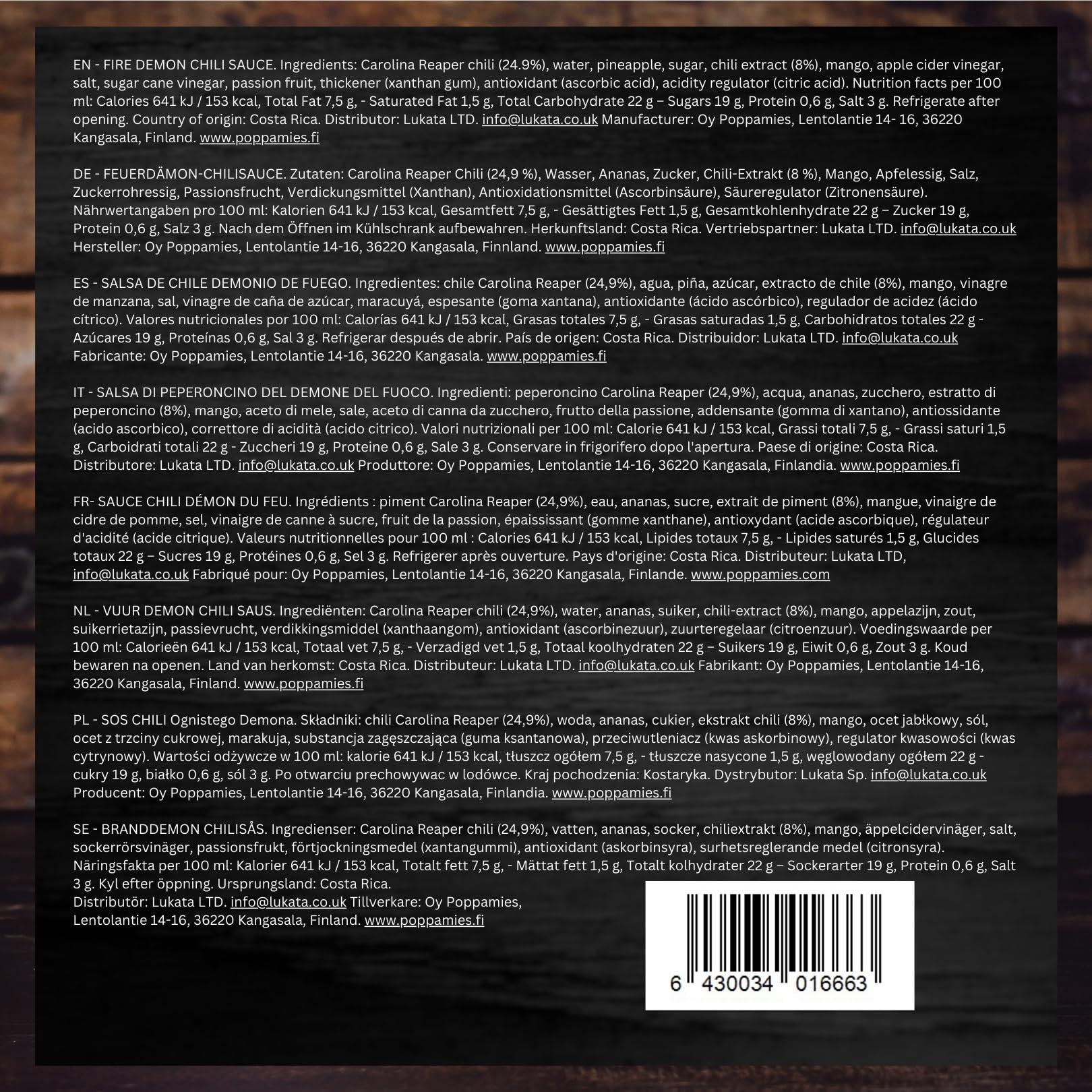 POPPAMIES Poppamies Fire Demon Chili Sauce - Gluten-free, Lactose free, Vegan - Spiciness: 11/10 150ml