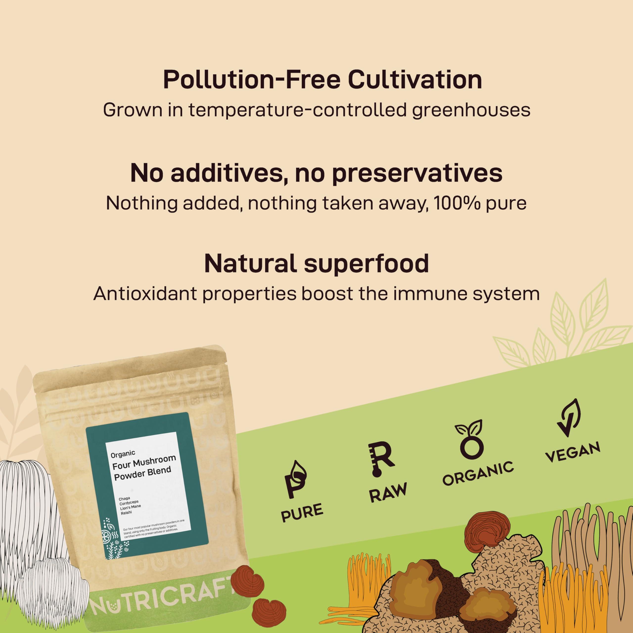 NutriCraft NutriCraft Organic Four Mushroom Blend Powder - 500g - Lion's Mane, Reishi, Cordyceps, Chaga, Vegan, Immune Support, Energy & Brain Health, No Additives or Preservatives