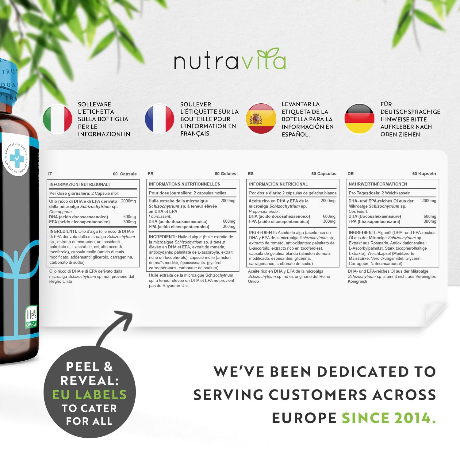 Nutravita Vegan High Strength Omega 3 2000mg Soft Gels - 600mg DHA & 300mg EPA per Serving - Plant-Based Omega 3 Softgels Derived from Sustainable Algal Oil - 60 Vegan Softgels - Made in The UK by Nutravita