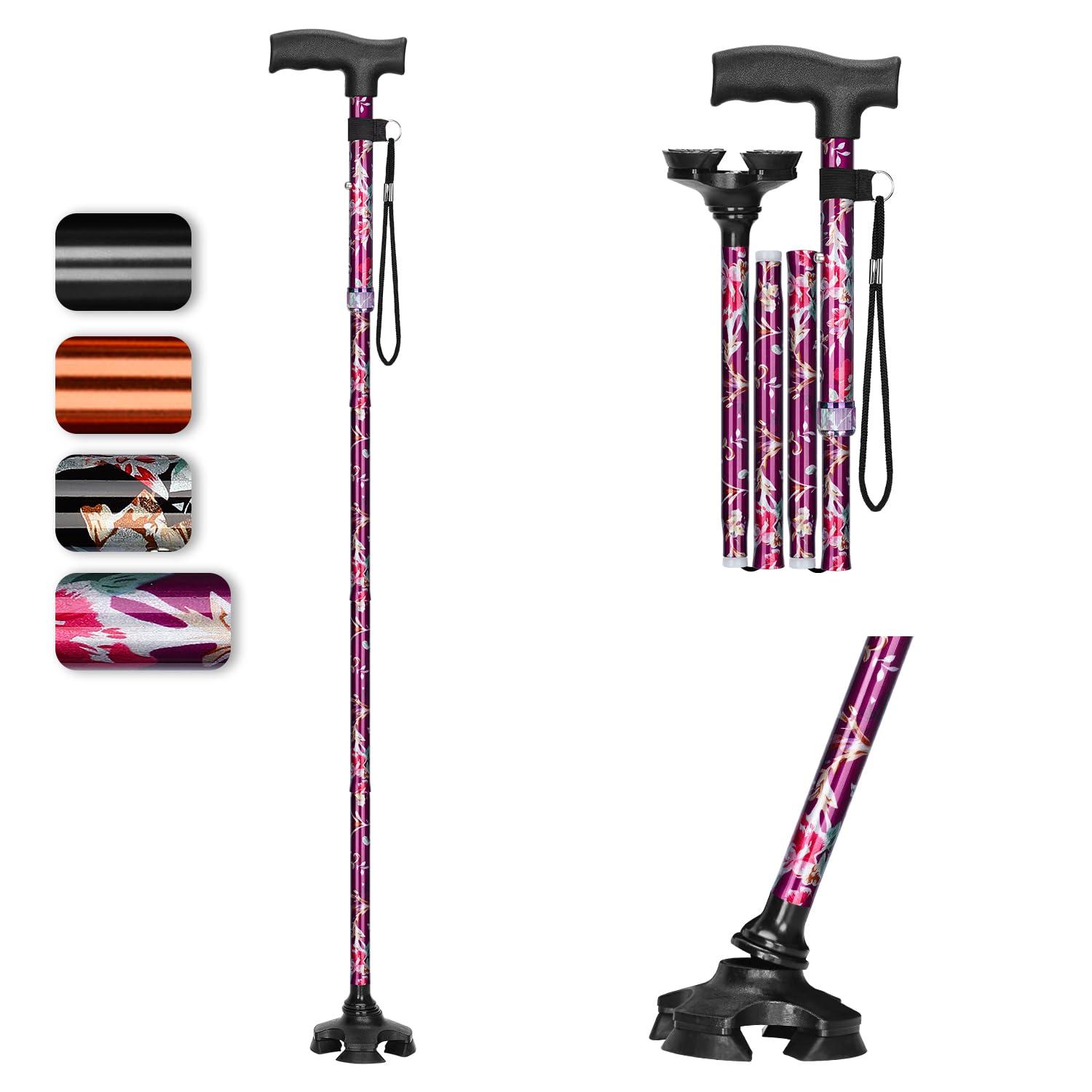 supregear supregear Walking Cane for Men and Women - Foldable, Adjustable, Collapsible, Free Standing Cane with Pivot Tip, Heavy Duty Walking Sticks, Sleek Folding Sticks for Seniors and Adults, Floral Purple
