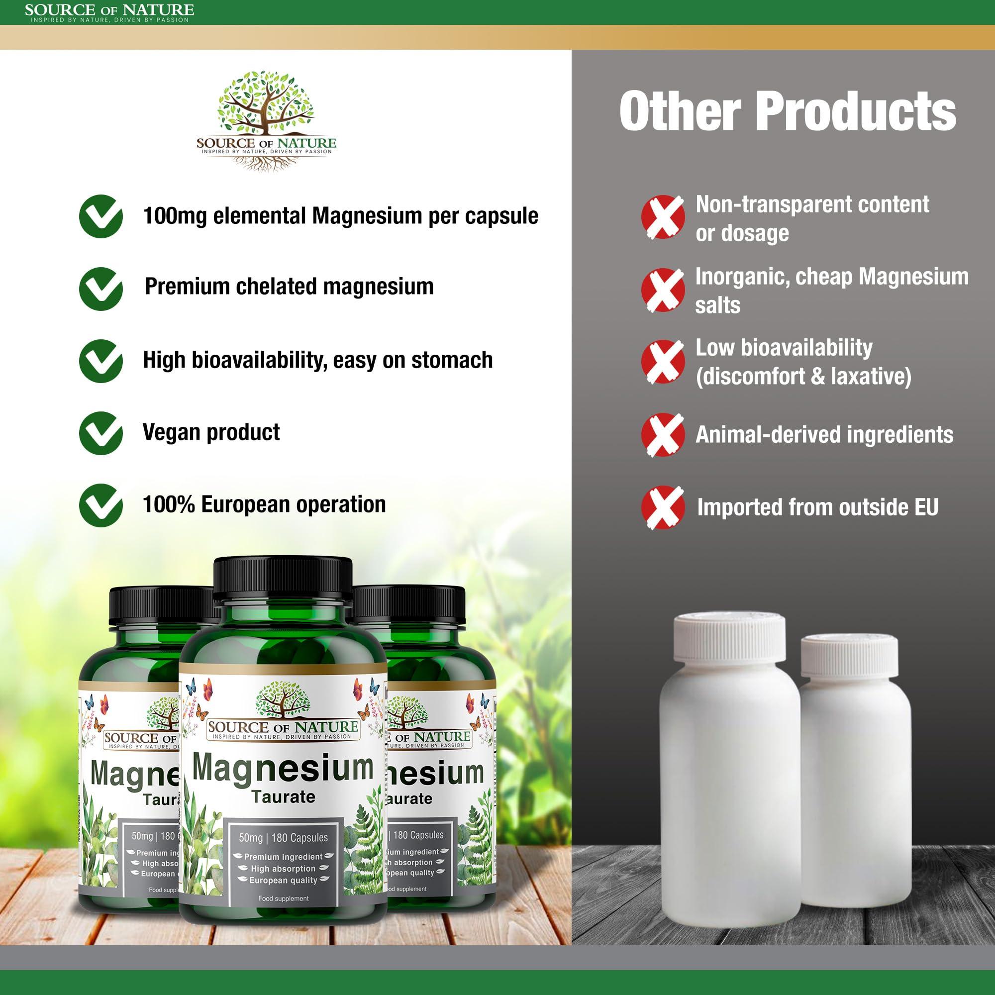 Source of Nature Source of Nature | Magnesium Taurate 625mg | 180 Capsules | 45-Day Supply | 50mg Elemental | High Bioavailability | Easy on The Stomach | Laboratory Tested