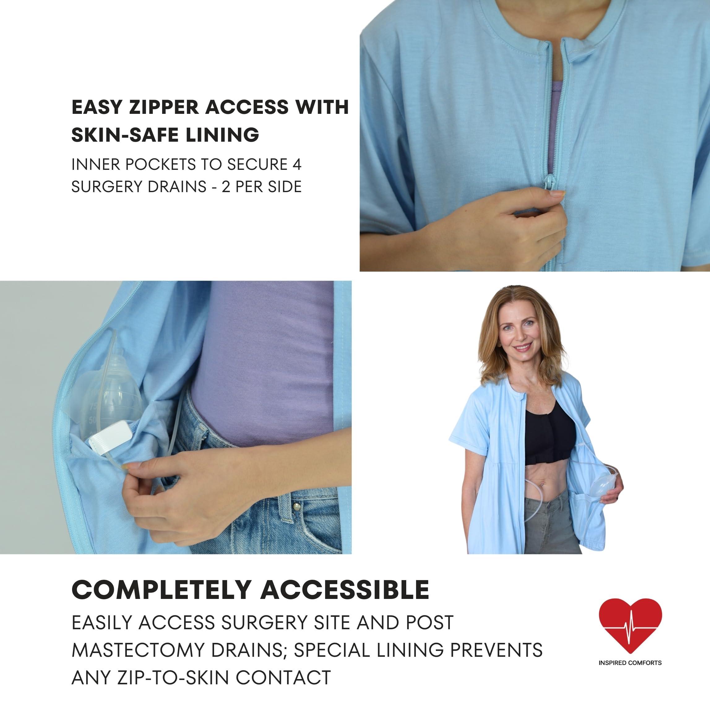Inspired Comforts Inspired Comforts Mastectomy Recovery Shirt with Drain Pockets & Fasteners to Hold Drainage Tubes - blue - XX-Large