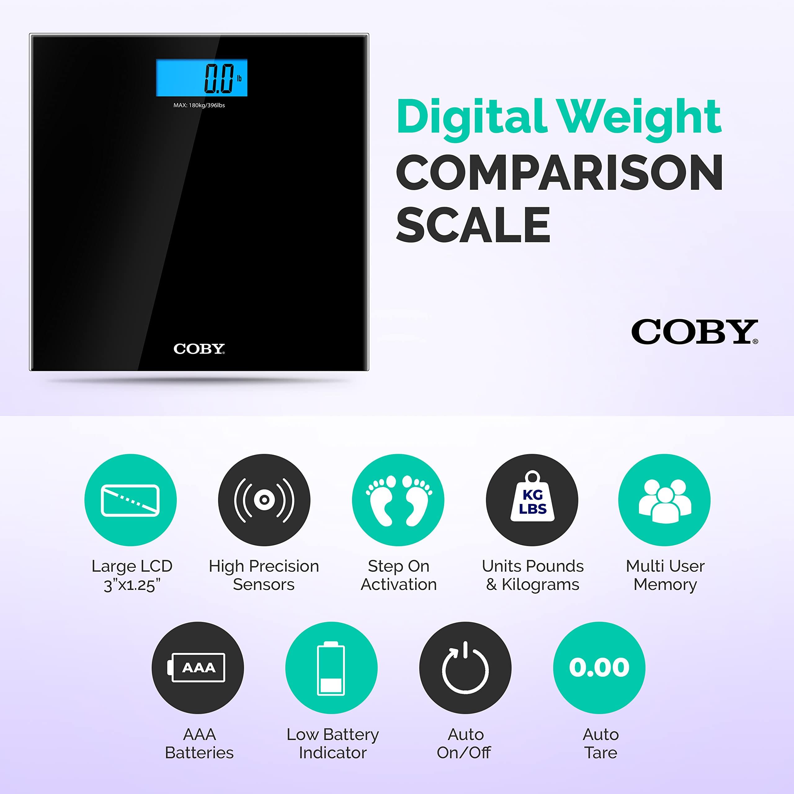 Coby COBY Tempered Glass Digital Bathroom Scale with Color Changing LCD Backlit Display, Black, 3.47 Pound