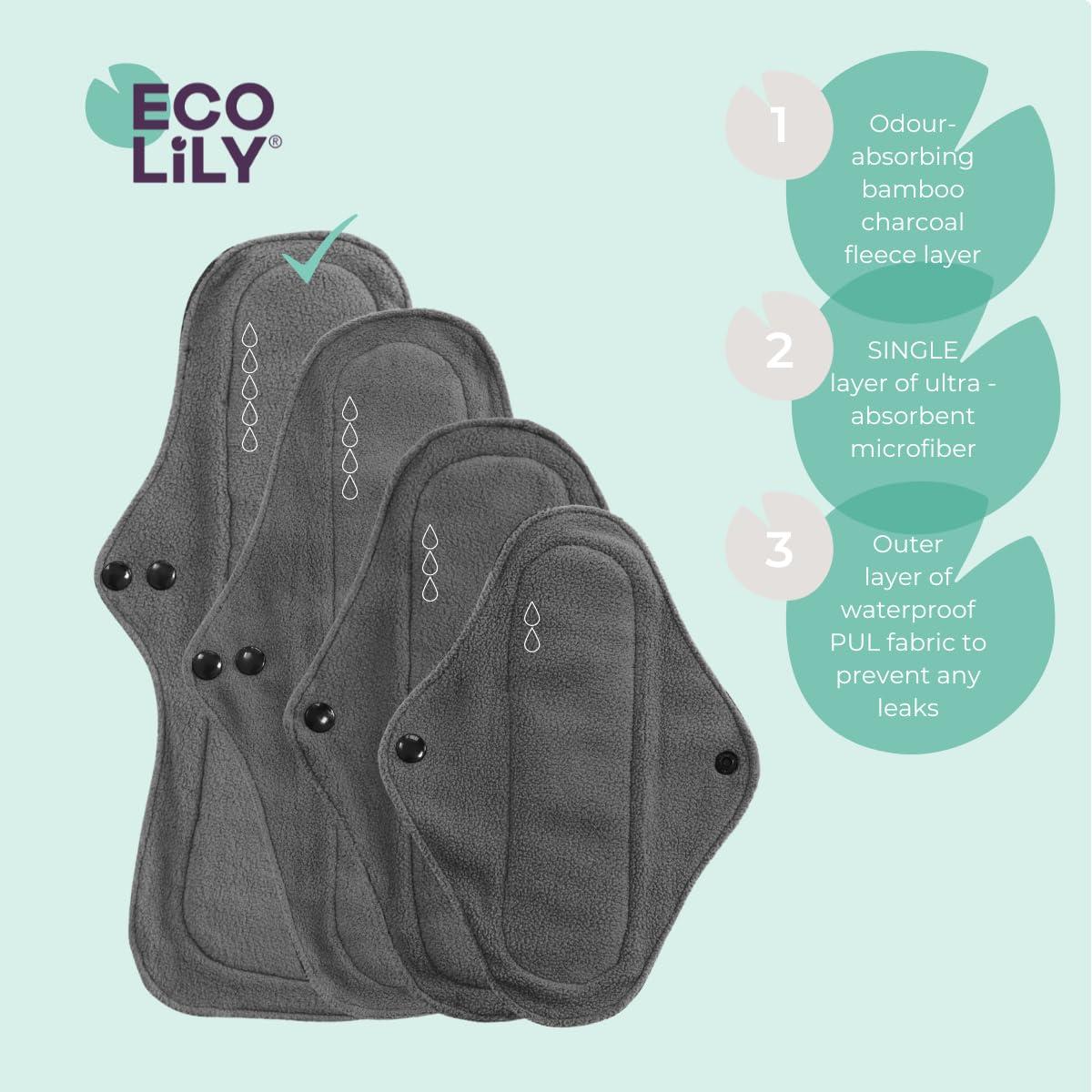 Eco Lily Eco Lily Reusable Sanitary Pads - Sanitary Towels - Period Pads Leakproof Odour-Absorbing Charcoal Bamboo Pads (4 Pk Extra Heavy Flow)