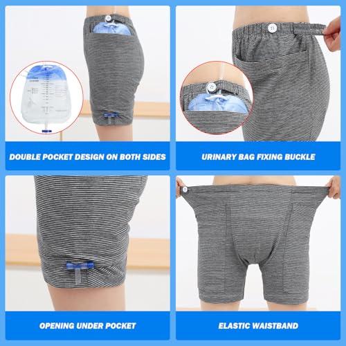XJKLBYQ Catheter Pants For Men,Catheter Underwear for Men with Elastics Cotton Catheter Pants with 2 Pocket & Fixer Striped Concealed Nephrostomy Bag Clothing for Elderly, Abdominal Surgery, No Urine Bag, XL