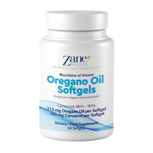 Zane HELLAS Probably the best oregano oil products Zane Hellas Oregano Oil Softgels. Extra Strength. Every Softgel Contains 20% Greek Essential Oil of Oregano. 100 mg Carvacrol per Softgel.60 Softgels.