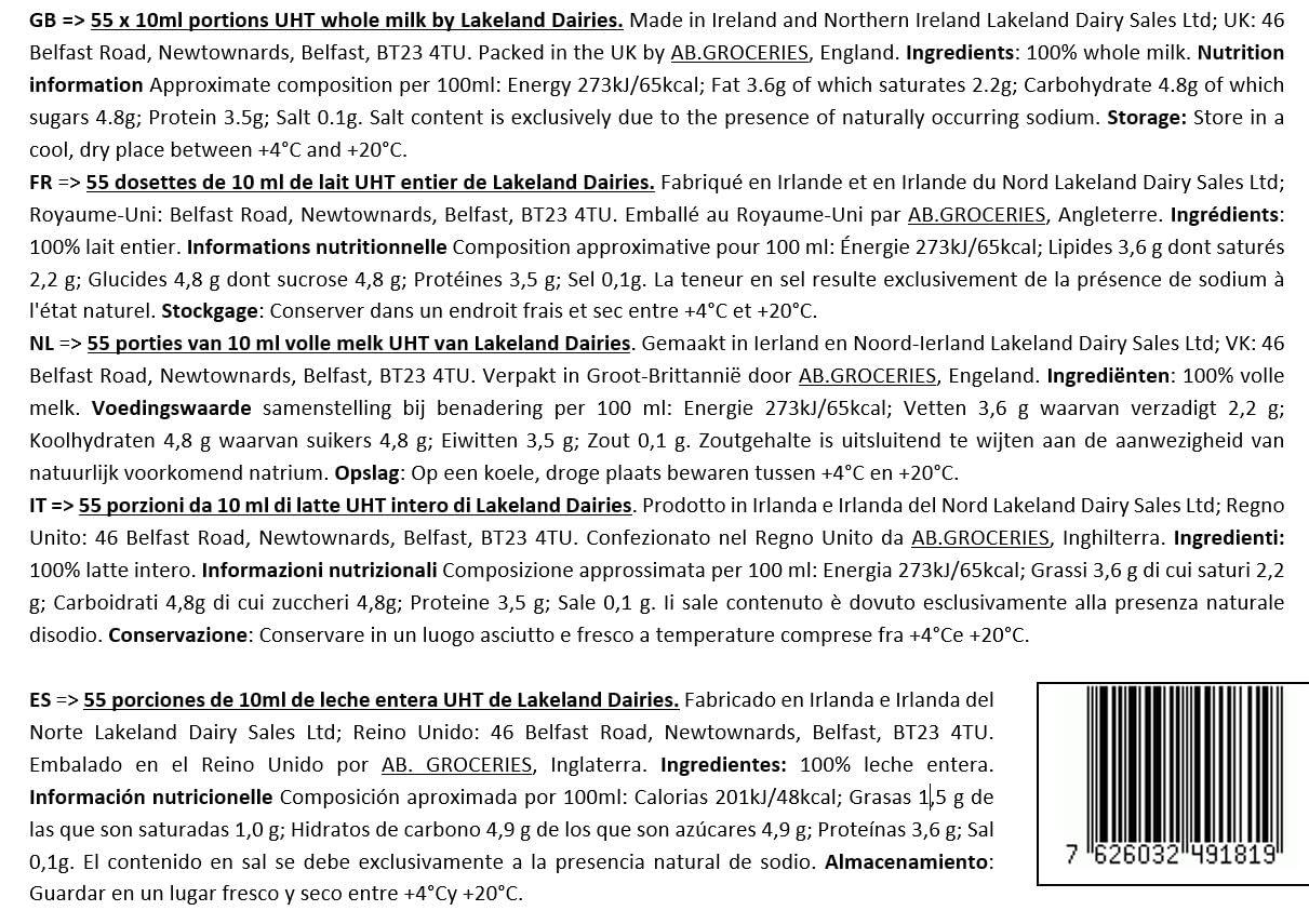 AB.GROCERIES 55x Whole UHT Milk Sticks 10ml Individually Wrapped Pouches Portions Sachets Lakeland