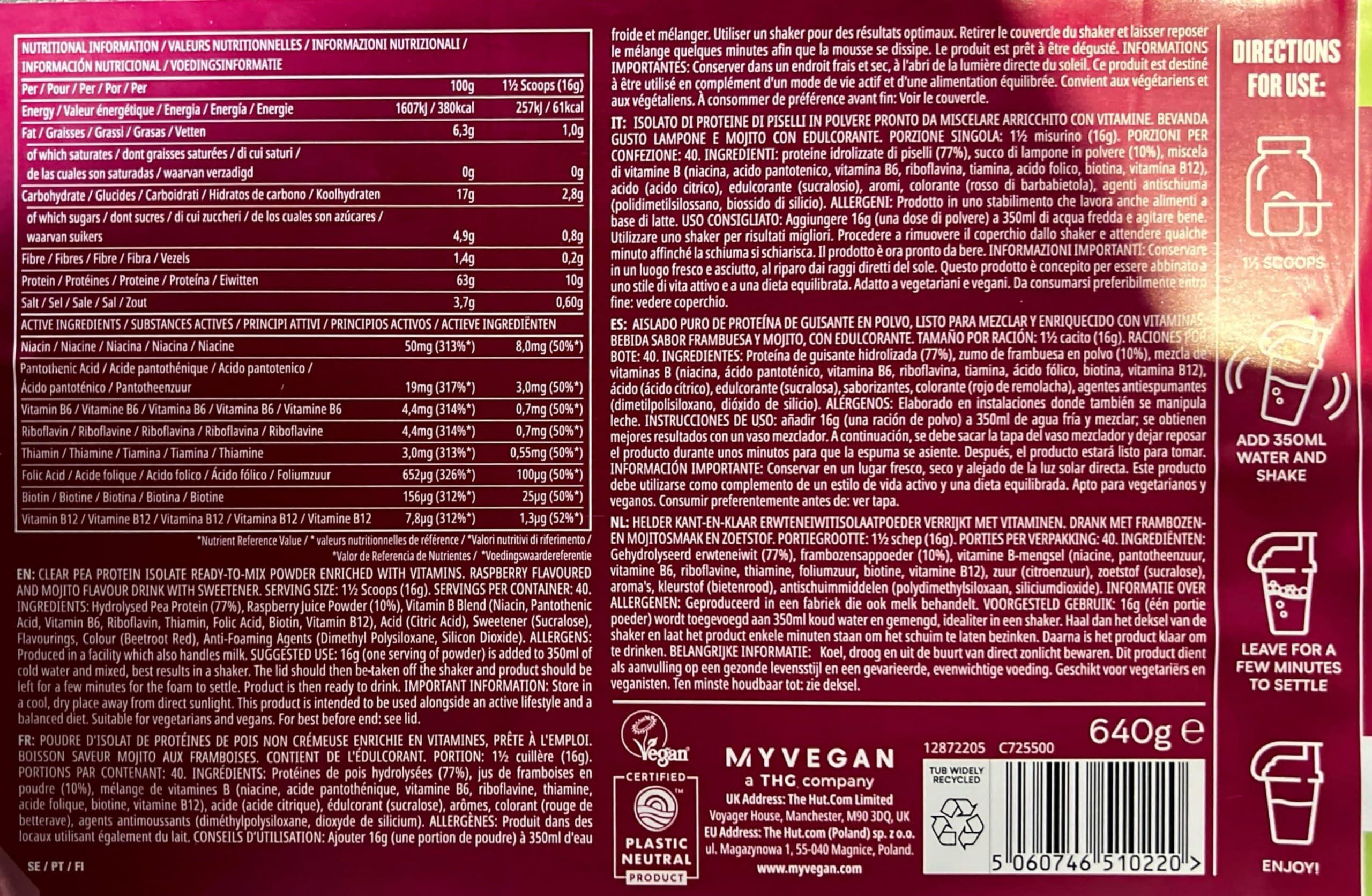 Myprotein Myprotein Clean Vegan Plant Protein Powder 320g Raspberry Mojito, 320 g (Pack of 1)