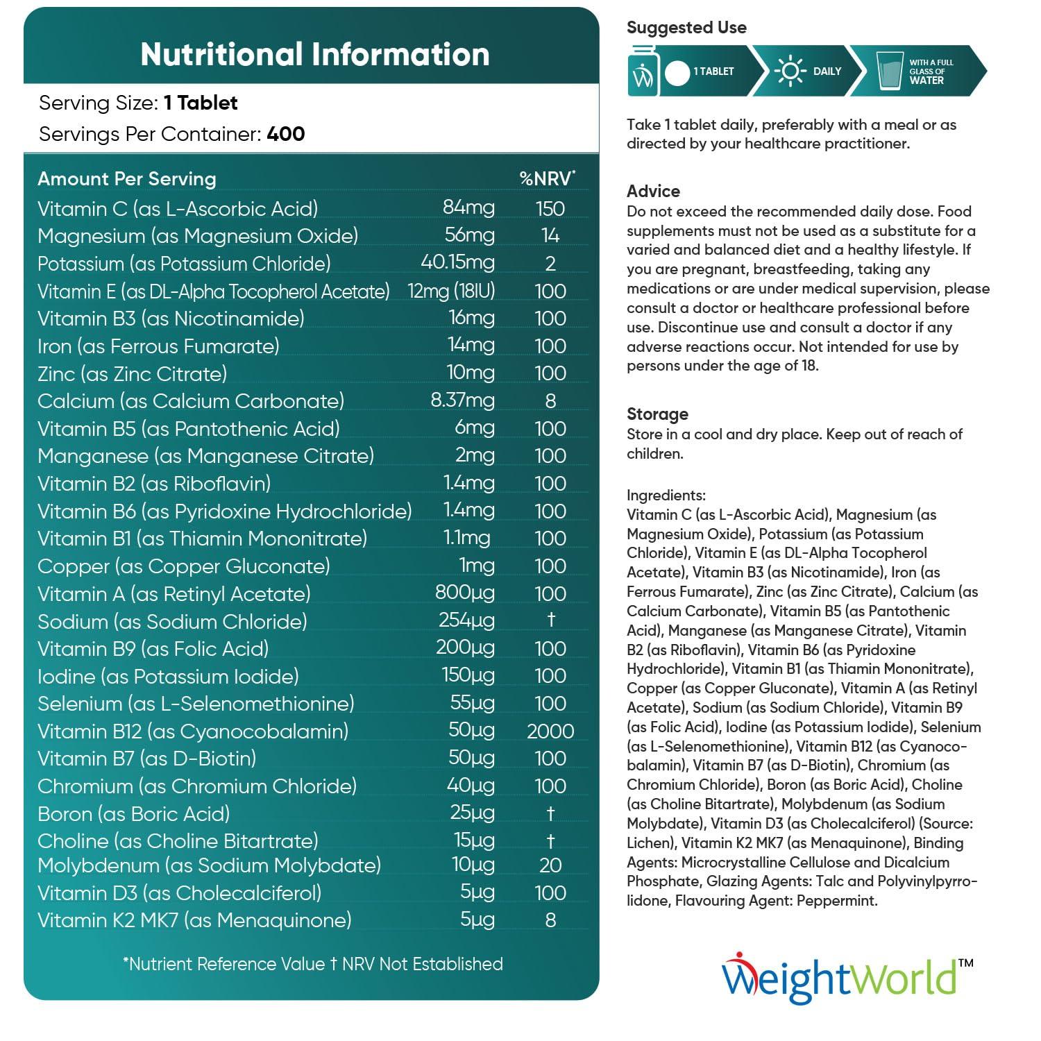 WeightWorld Multivitamin Tablets for Men & Women with 27 Active Multivitamins & Minerals Like Iron, Zinc, & Vitamin D - Peppermint Flavour 400 Micro Tablets - Vegan Multivitamins Nutritional Supplement