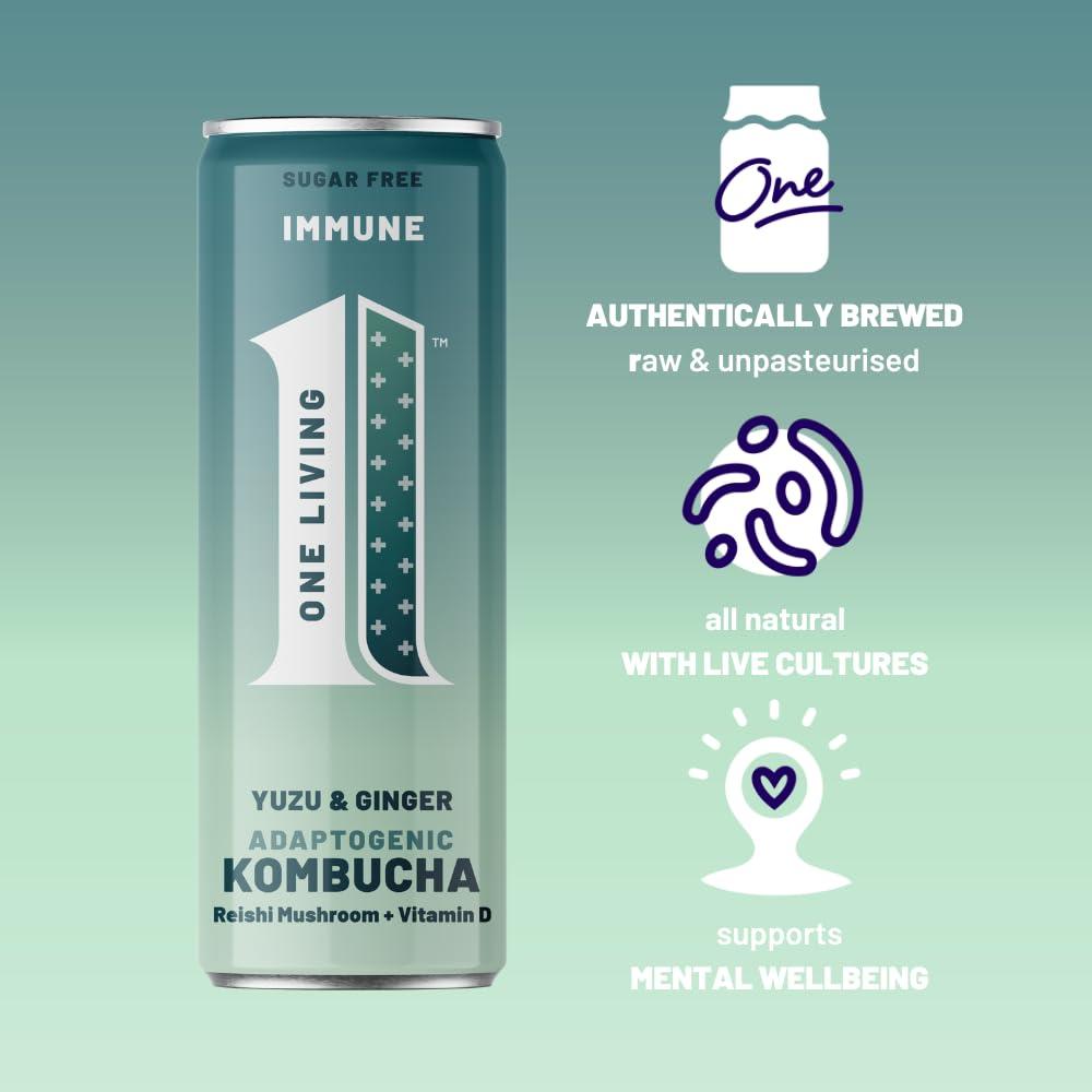 No 1 Living One Living Plus Immune Kombucha Drink - Ginger 24x 250ml Cans - Authentically Brewed Kombucha with Live Cultures - Added Reishi Mushroom and Vitamin D