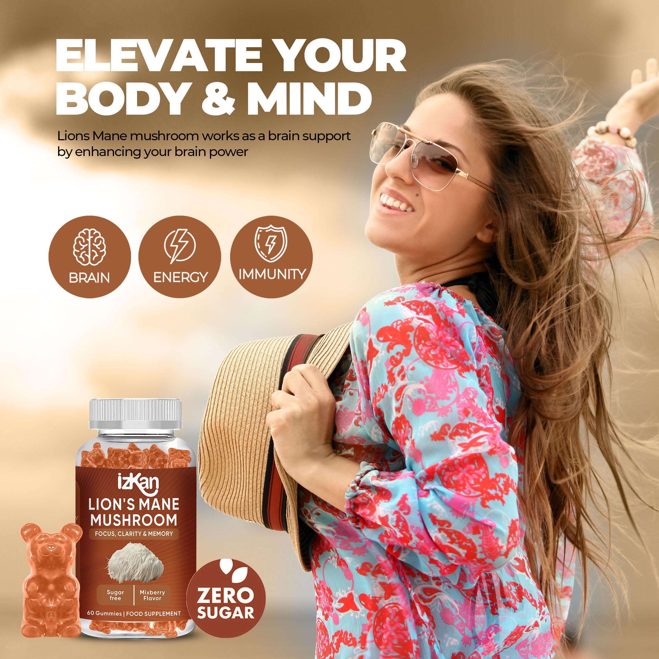 Izkan Mushroom Gummies 1000mg - Lion Mane Mushroom Gummies Supplement Promotes Focus, Memory, and Mood - 60 Count (Mixed Berry Flavor, Halal, Gluten-Free, Vegan) (2)