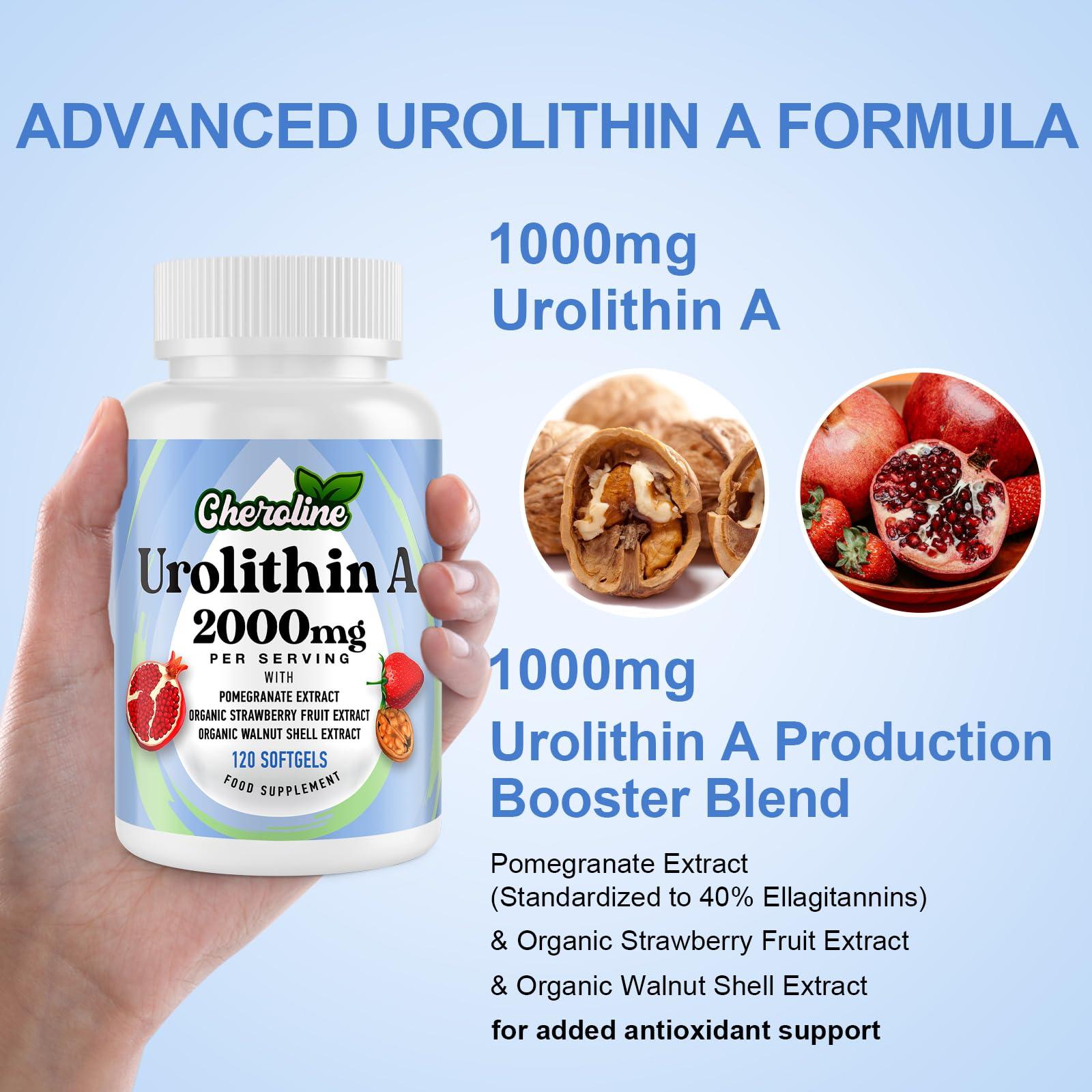 Cheroline Urolithin A Supplement 2000mg - 120 Softgels 60-Day Supply - Enhanced with Pomegranate, Strawberry, and Walnut Extracts - for Mitochondria, Energy, Antioxidants & Cellular (120 Count (Pack of 1))