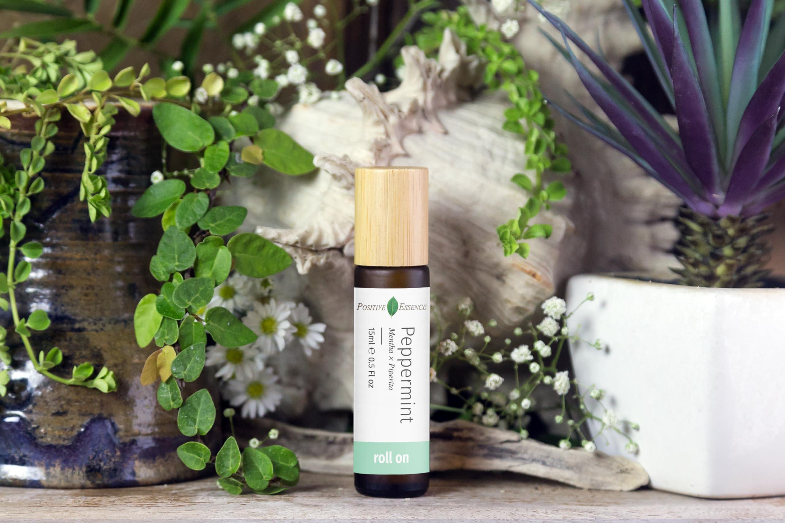 Positive Essence Peppermint Essential Oil Roll On, Calming, Headache, Tension and Stress Relief, Pure Peppermint Essential Oil and Jojoba Oil for Skin Nourishment, Leak-Proof Metal Rollerball, Travel Roll-on (15mL)