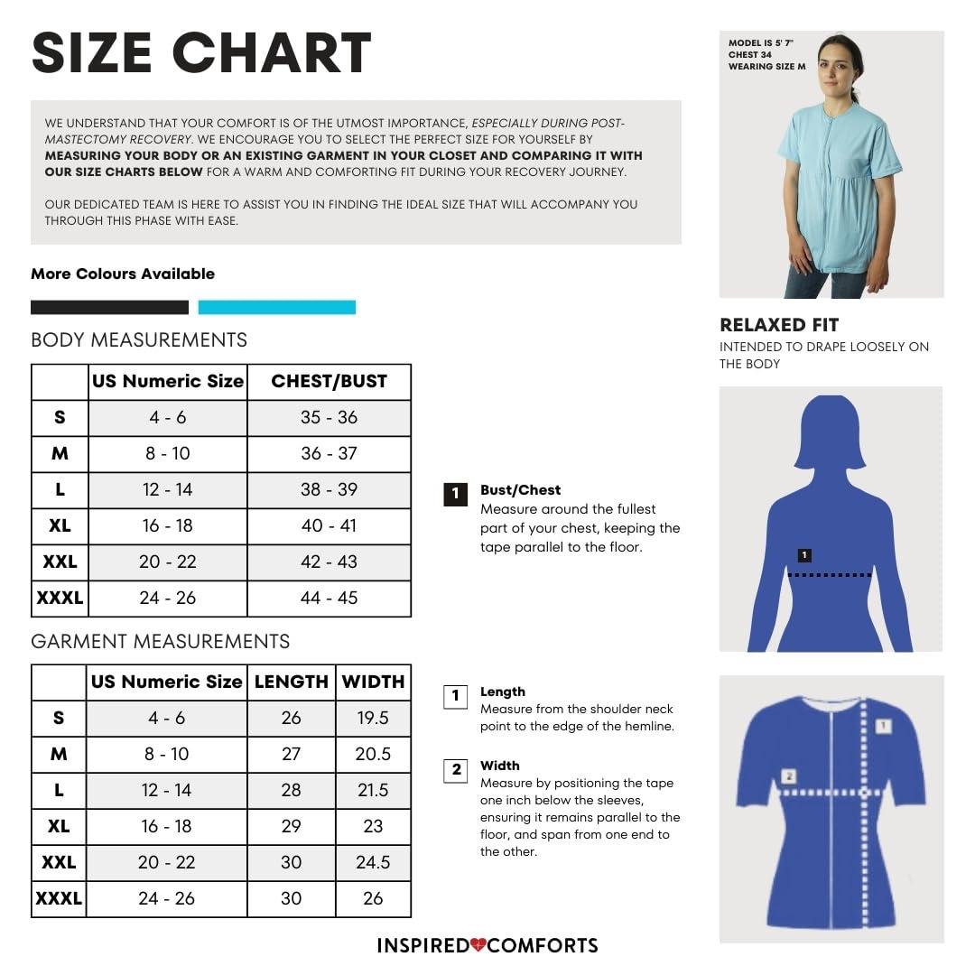 Inspired Comforts Inspired Comforts Mastectomy Recovery Shirt with Drain Pockets & Fasteners to Hold Drainage Tubes - blue - XX-Large