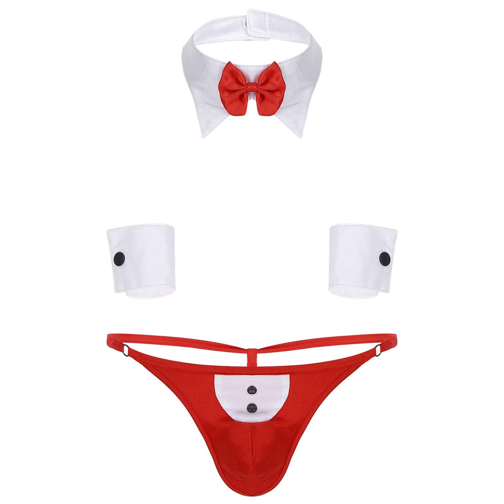 TiaoBug TiaoBug Novelty Sexy Men Waiter Lingerie Tuxedo Tux Stripper Thong G-String Set Costume Outfits Red M