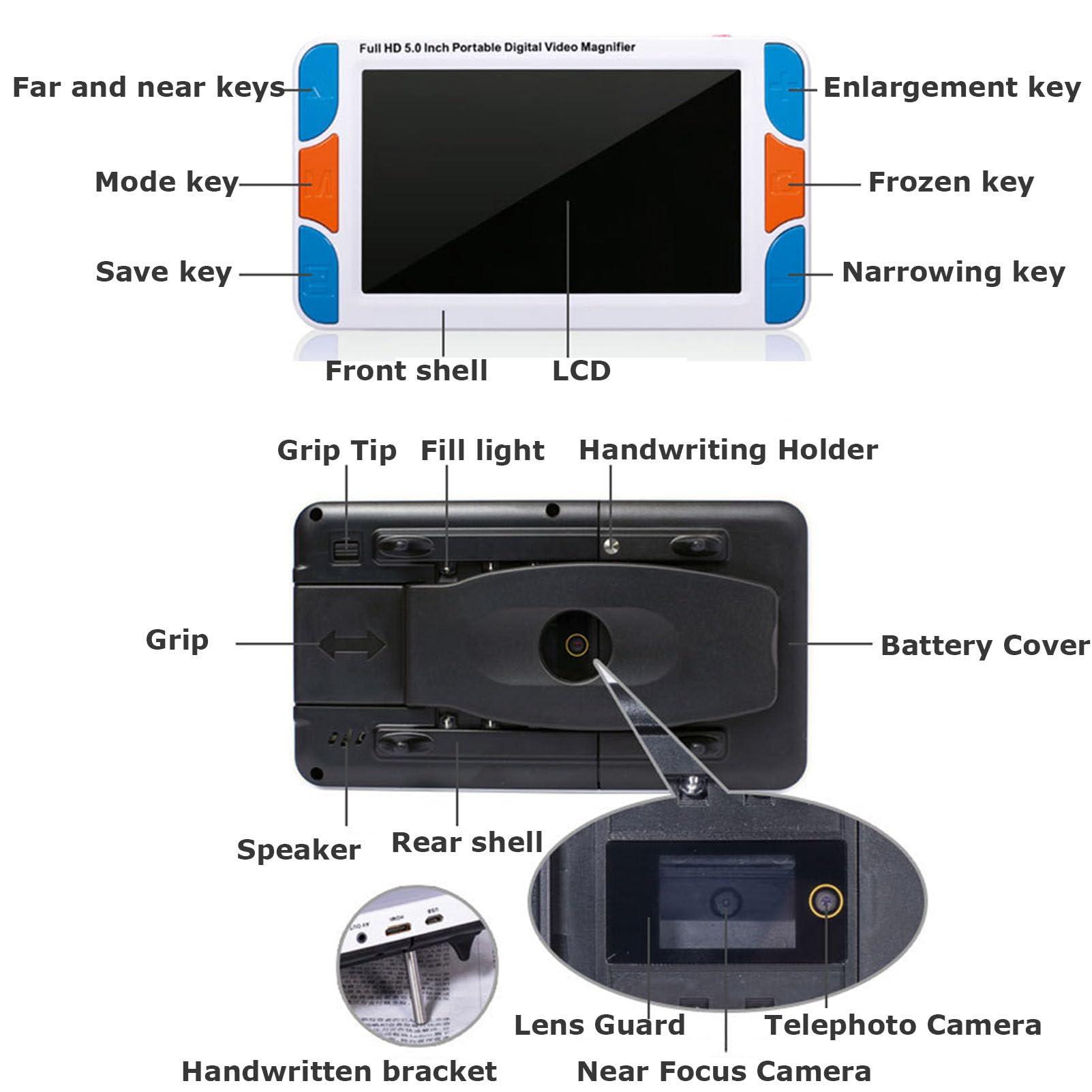 FreshCart Basics Magnifying Glasses for Reading,Handheld Digital Magnifier, 5 Inch Color HD Portable Digital Video Magnifier, 3X-48X Zoom Electronic Reading Aid for Low Vision Color Blindness Ambly