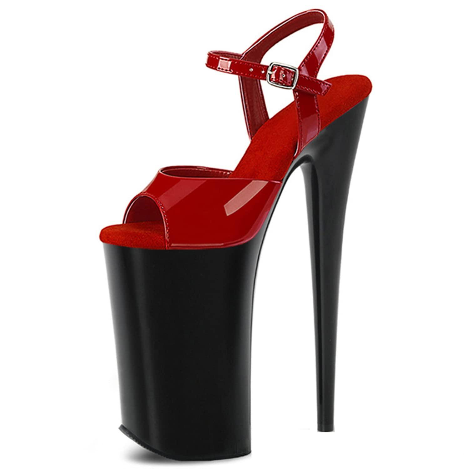 WOilERQ WOilERQ Women's Open Toe Platform High Heeled Sandals Stiletto Ankle Strap Dress Shoes Color Block Sexy Stripper Nightclub Pole Dance Super Heel Sandals 10.2inch,Red,39