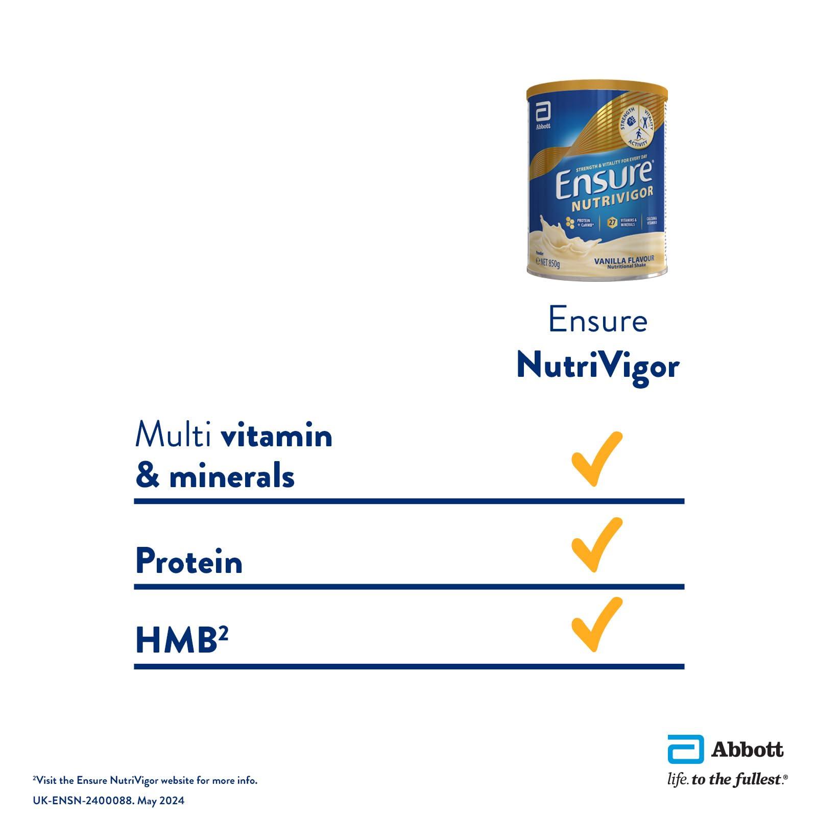 NutriVigor Ensure NutriVigor Nutritional Shake Vanilla Flavour 850g Food Supplement with Protein, HMB & 27 Vitamins & Minerals Supports Strength, Energy & Immunity With Vitamin D, C & B