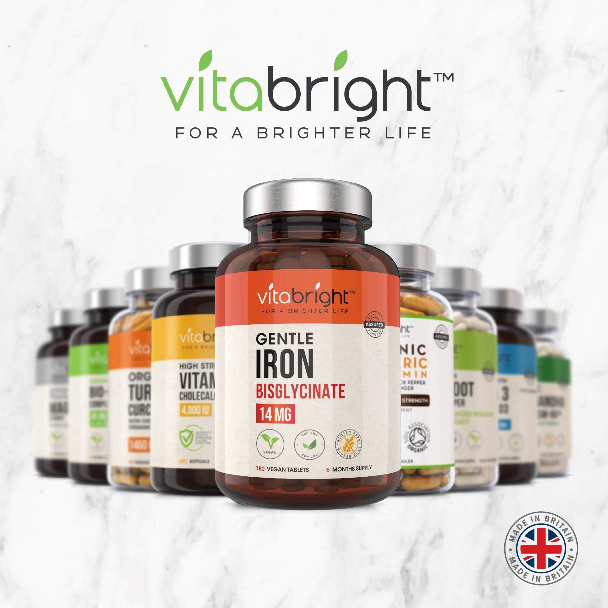 VitaBright Gentle Iron Tablets High Strength 28mg Vegan Iron Tablets Women & Men, Chelated (Organic) Iron Supplements for Women & Teens, Energy Tablets for Tiredness, VitaBright Strong Iron Bisglycinate