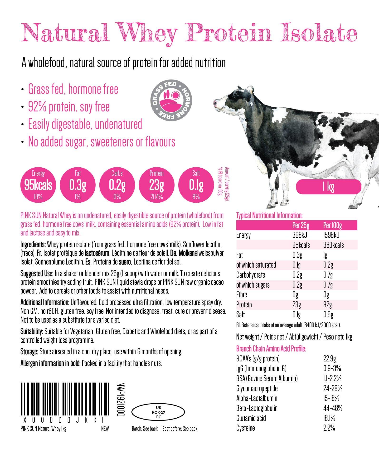 PINK SUN PINK SUN Whey Protein Isolate Powder Unflavoured 1kg (92% protein) Soy Free Grass Fed Gluten Free No Additives Vegetarian Undenatured Non GM Unsweetened Natural Whey UK 1000g