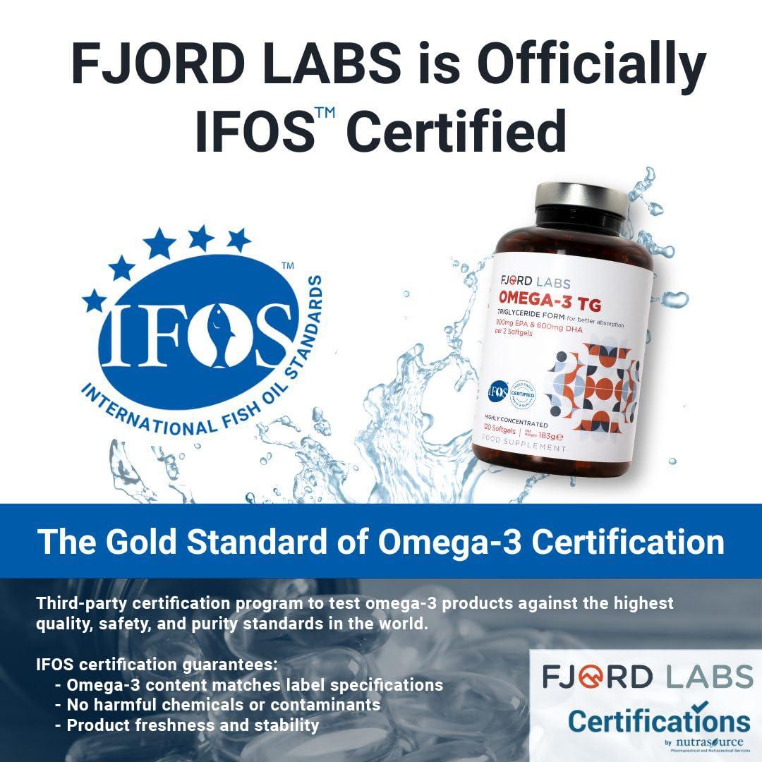 Fjord Labs Omega -3 TG | Triglyceride Form | IFOS Certified | 900mg EPA & 600mg DHA per 2 softgels | 120 softgels