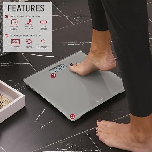 Taylor Taylor Digital Scales for Body Weight, Highly Accurate 350 LB Capacity Bathroom Scale, 11.0 x 11.0 Inch Durable Glass Platform, Battery Powered, Easy to Read, Gray
