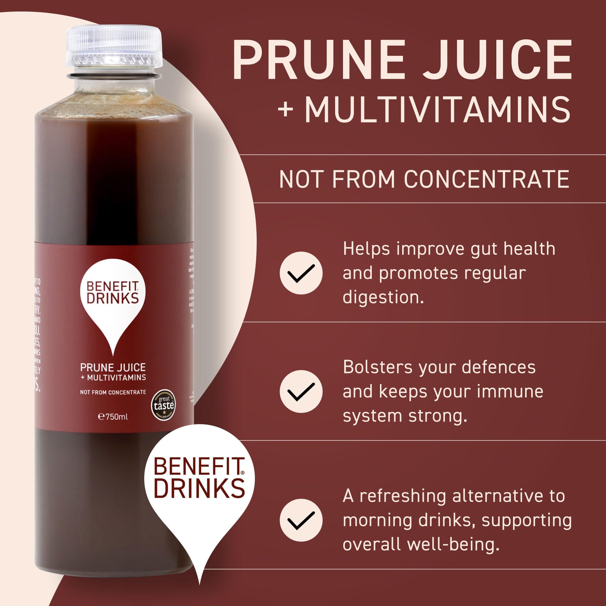Benefit Drinks Benefit Drinks 100% Not from Concentrate Pure Prune Juice - 6 x 750ml Cartons - Prune Juice for Constipation with with Vitamin A,C and E- Health Foods - Healthy Drinks