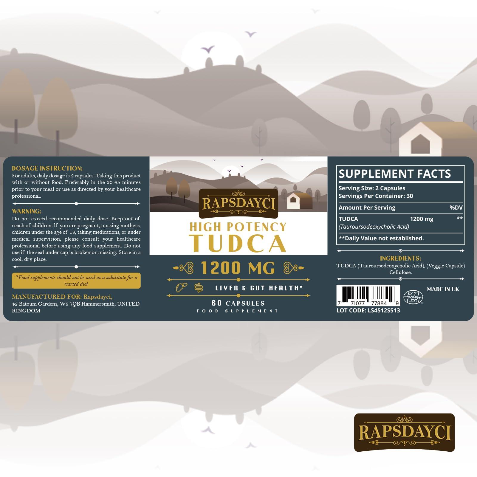 Rapsdayci Ultra Strength TUDCA (1200mg Per Serving), 60 Capsules - Tauroursodeoxycholic Acid, Liver Support Supplement, Enhances Proper Bile Production, Boosts Digestion and Immune System Support