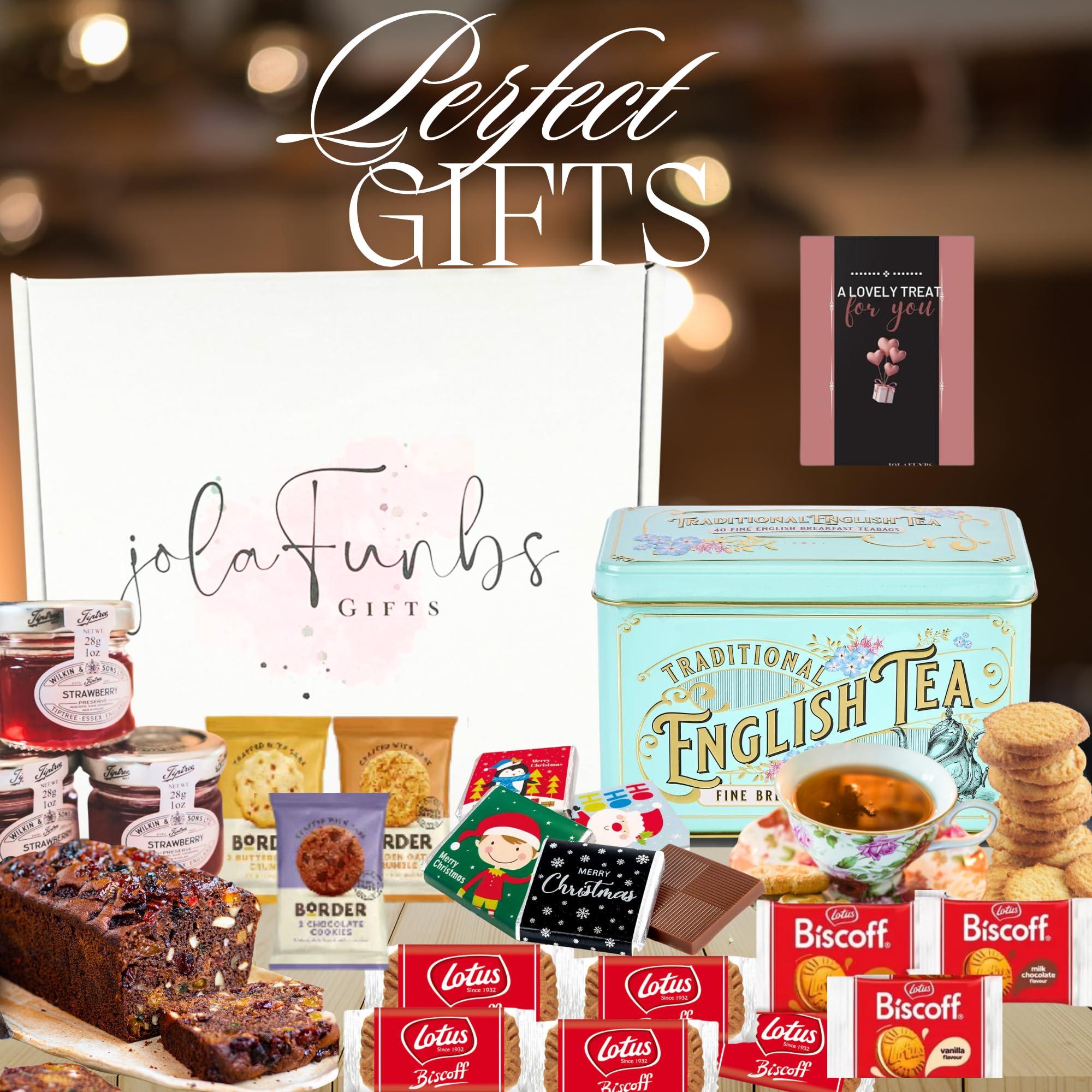 JOLAFUNBS The English Morning Tea Gift Set hamper, Morning English Tea Bags,Border Biscuits,Lotus Biscoff Biscuit, Fruit Cake,Mini Jam, Christmas Chocolate&Cards Valentine, Birthday Hampers for Women Food Gifts