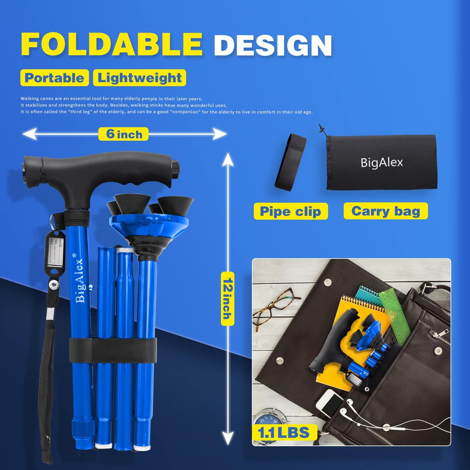 BigAlex BigAlex Folding Walking Cane with LED Light,Pivoting Quad Base,Adjustable Walking Stick with Carrying Bag for Man/Woman (MG Alloy BaseBlue)